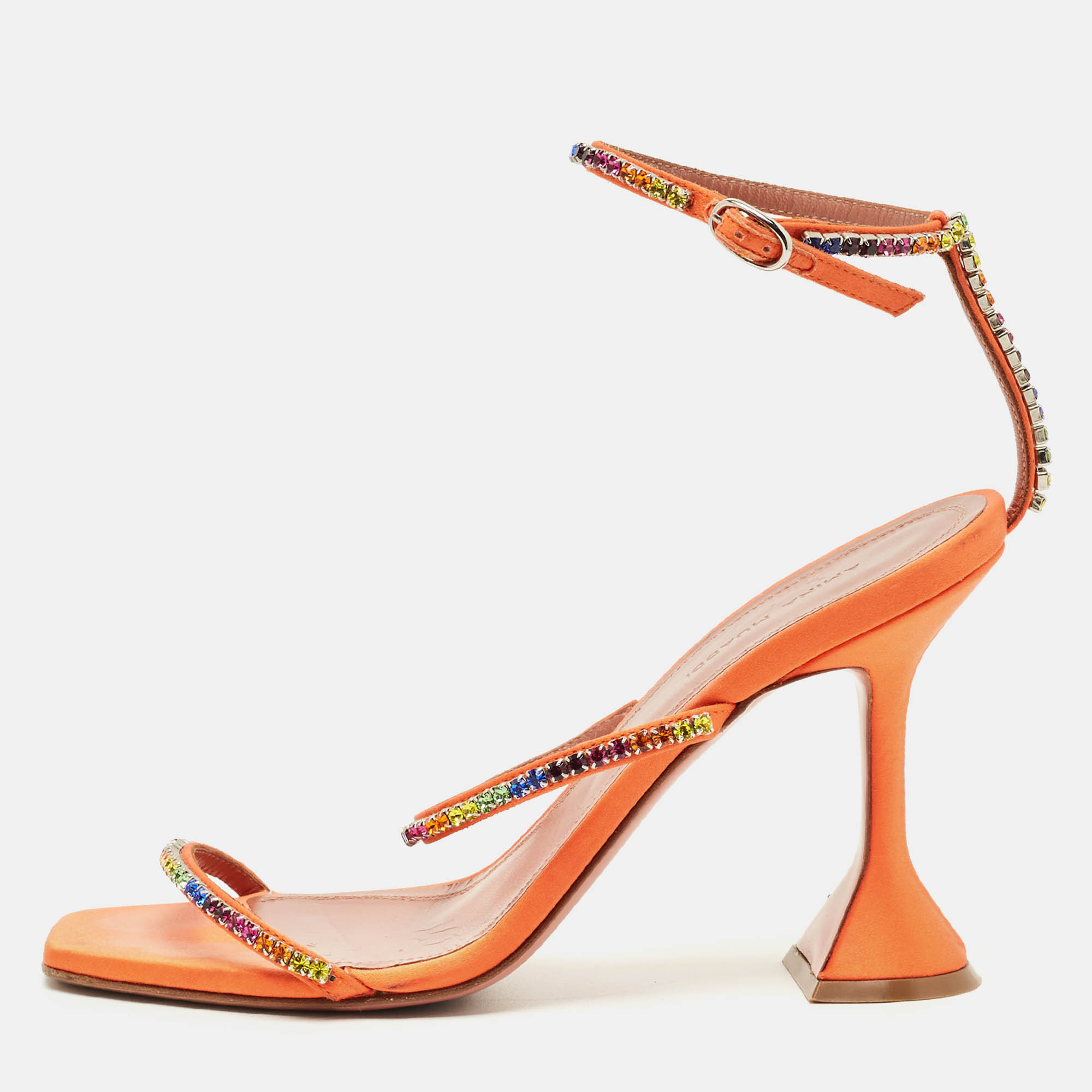 Pre Owned Amina Muaddi Orange Satin Rainbow Crystal Gilda Ankle Strap Sandals Size 38