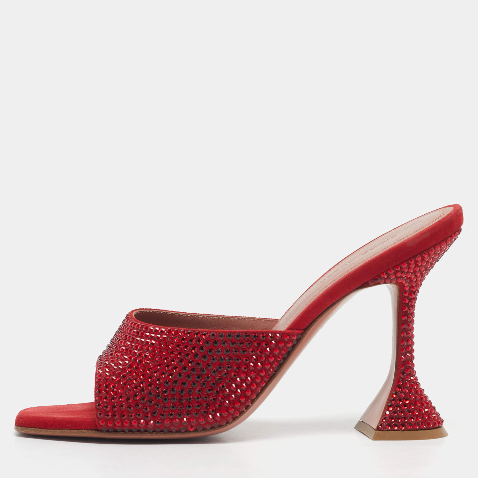 Pre Owned Amina Muaddi Red Suede Crystal Embellished Lupita Slide Sandals Size 38