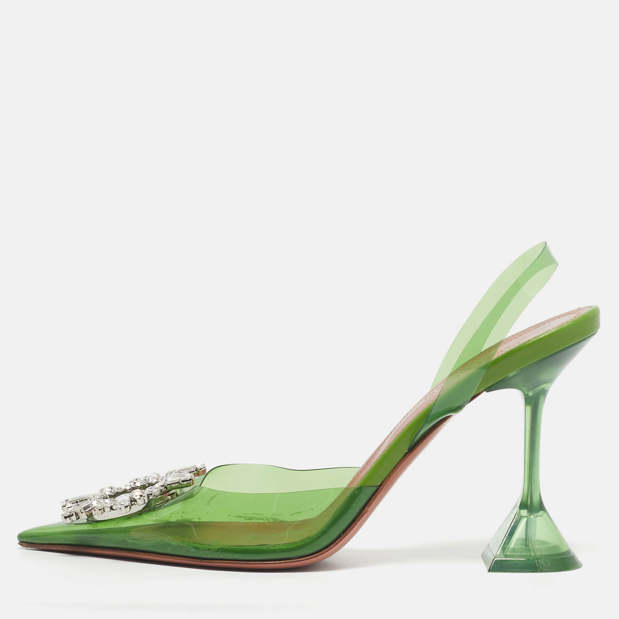 Pre Owned Amina Muaddi Green PVC Begum Crystal-Embellished Slingback Pumps Size 37.5