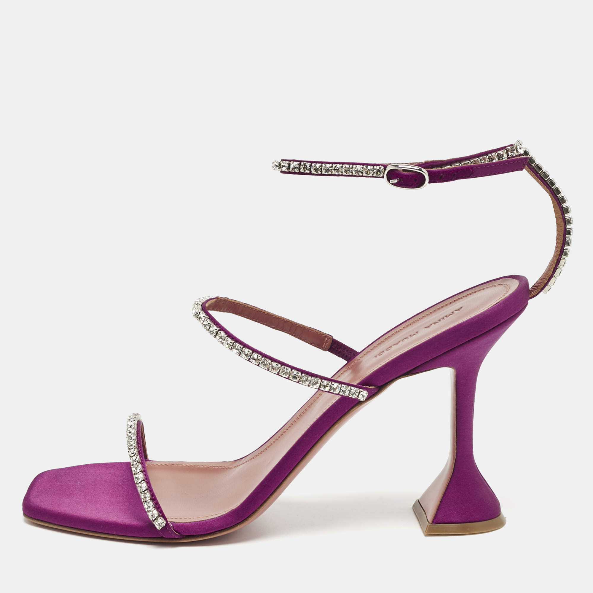Pre Owned Amina Muaddi Purple Satin Gilda Ankle Strap Sandals Size 41