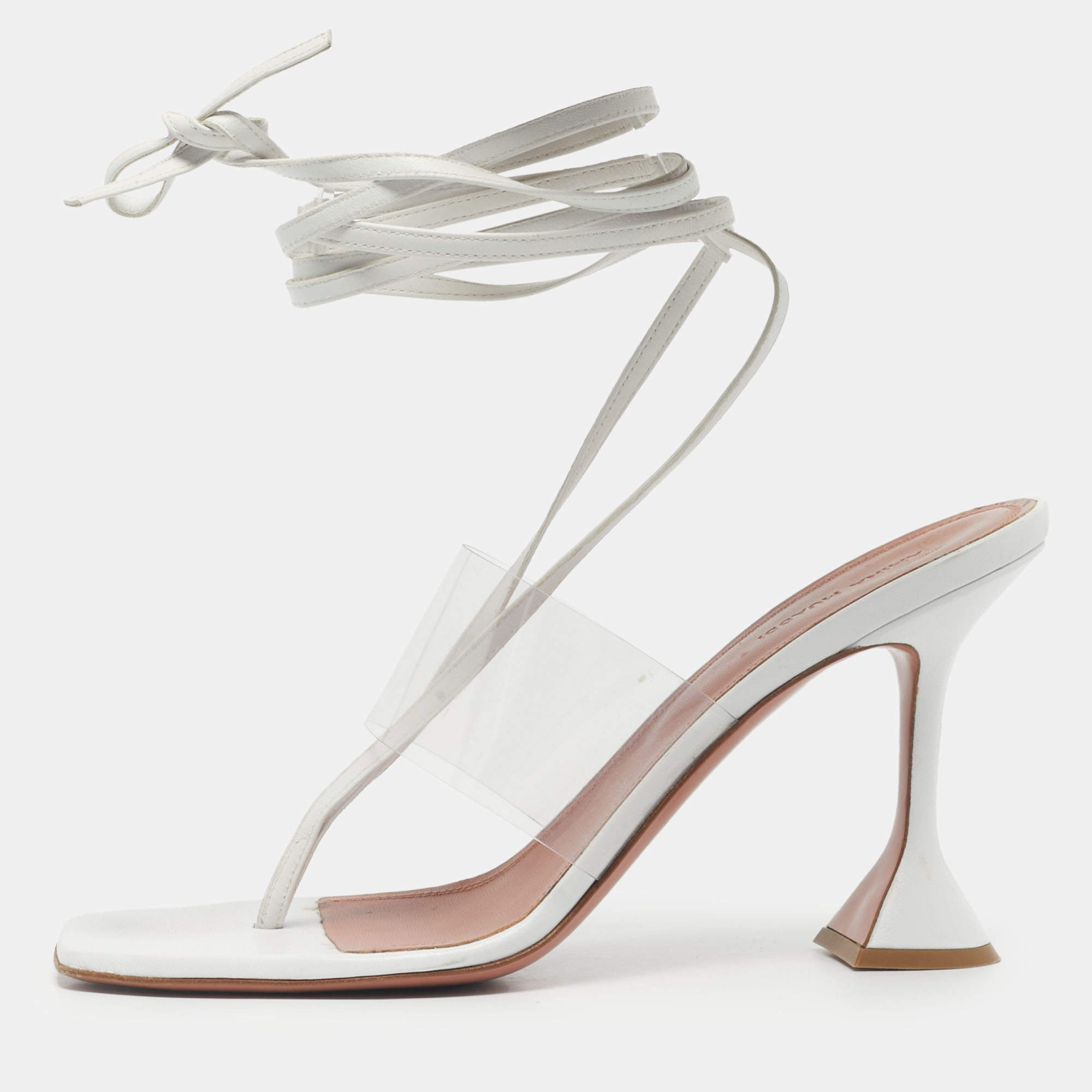 Pre Owned Amina Muaddi White Leather and PVC Zula Ankle Strap Sandals Size 42