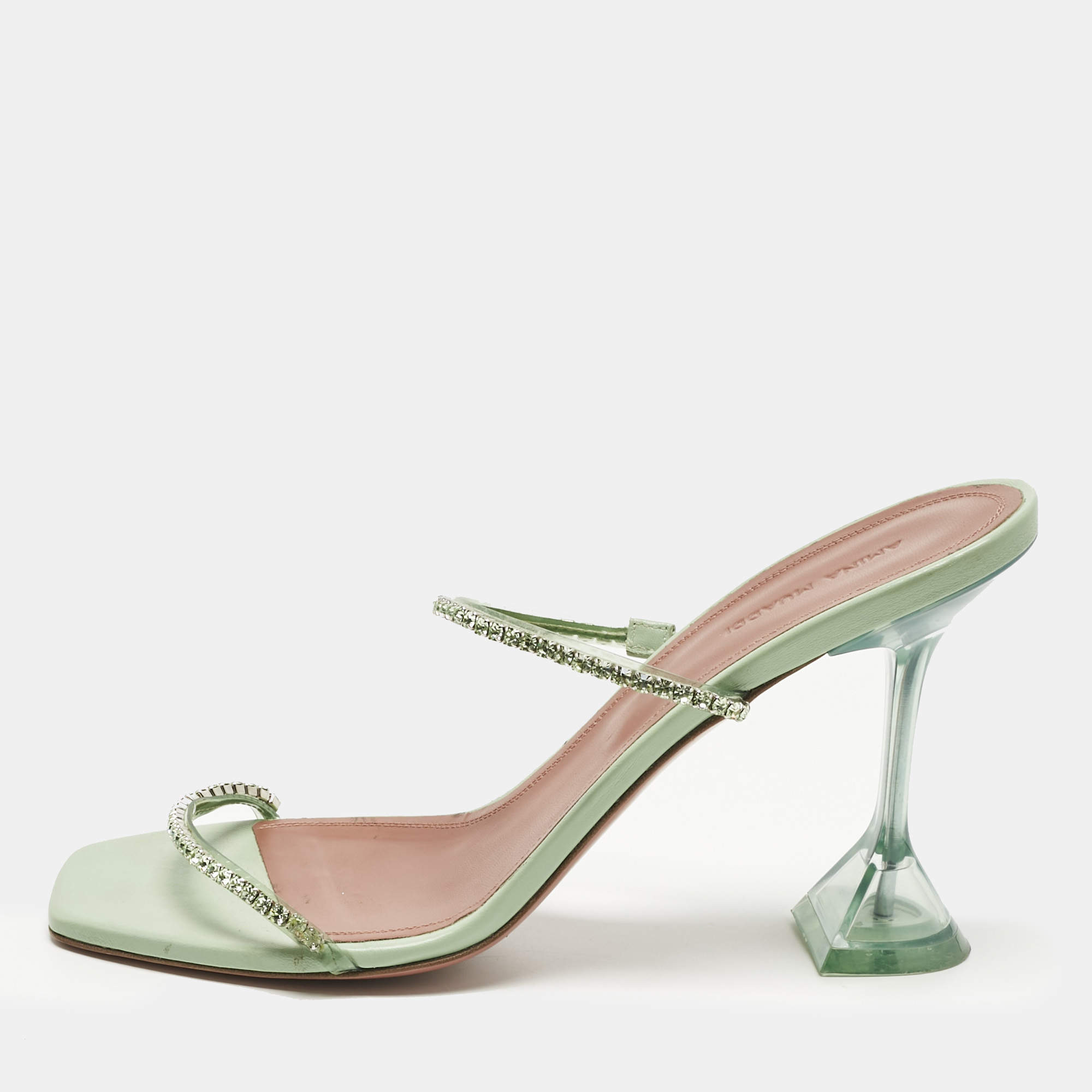 Pre Owned Amina Muaddi Mint Green PVC Crystal Embellished Gilda Slide Sandals Size 41