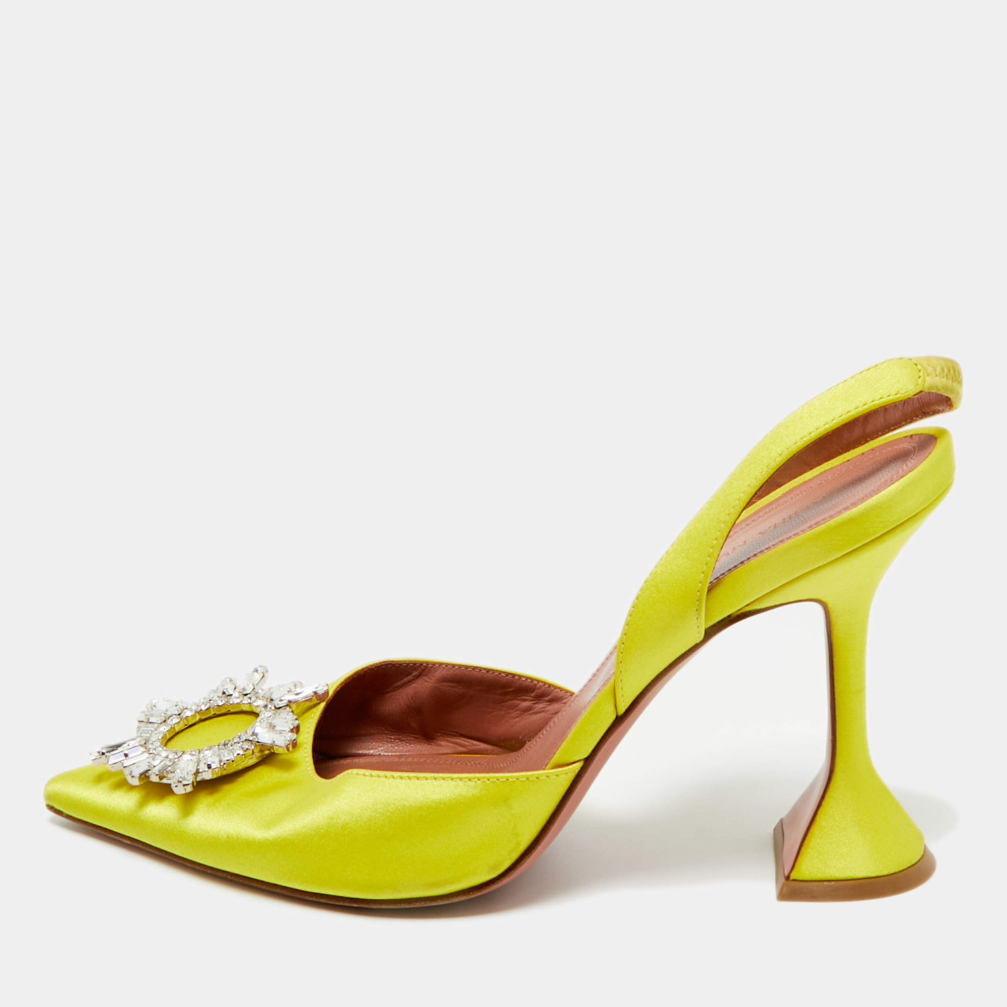 Pre Owned Amina Muaddi Yellow Satin Begum Slingback Pumps Size 40
