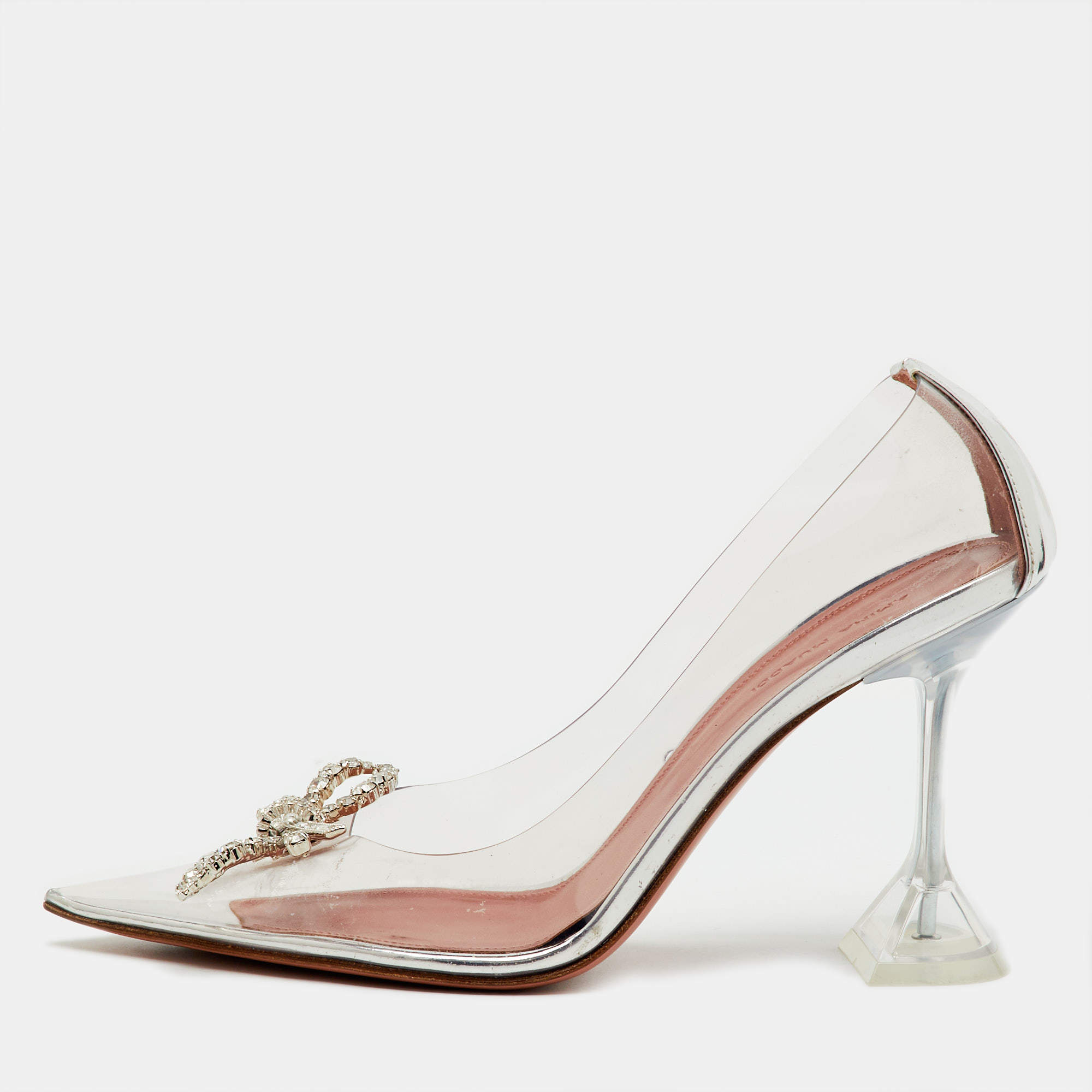 Pre Owned Amina Muaddi Transparent/Silver PVC and Leather Rosie Pointed Toe Pumps Size 39