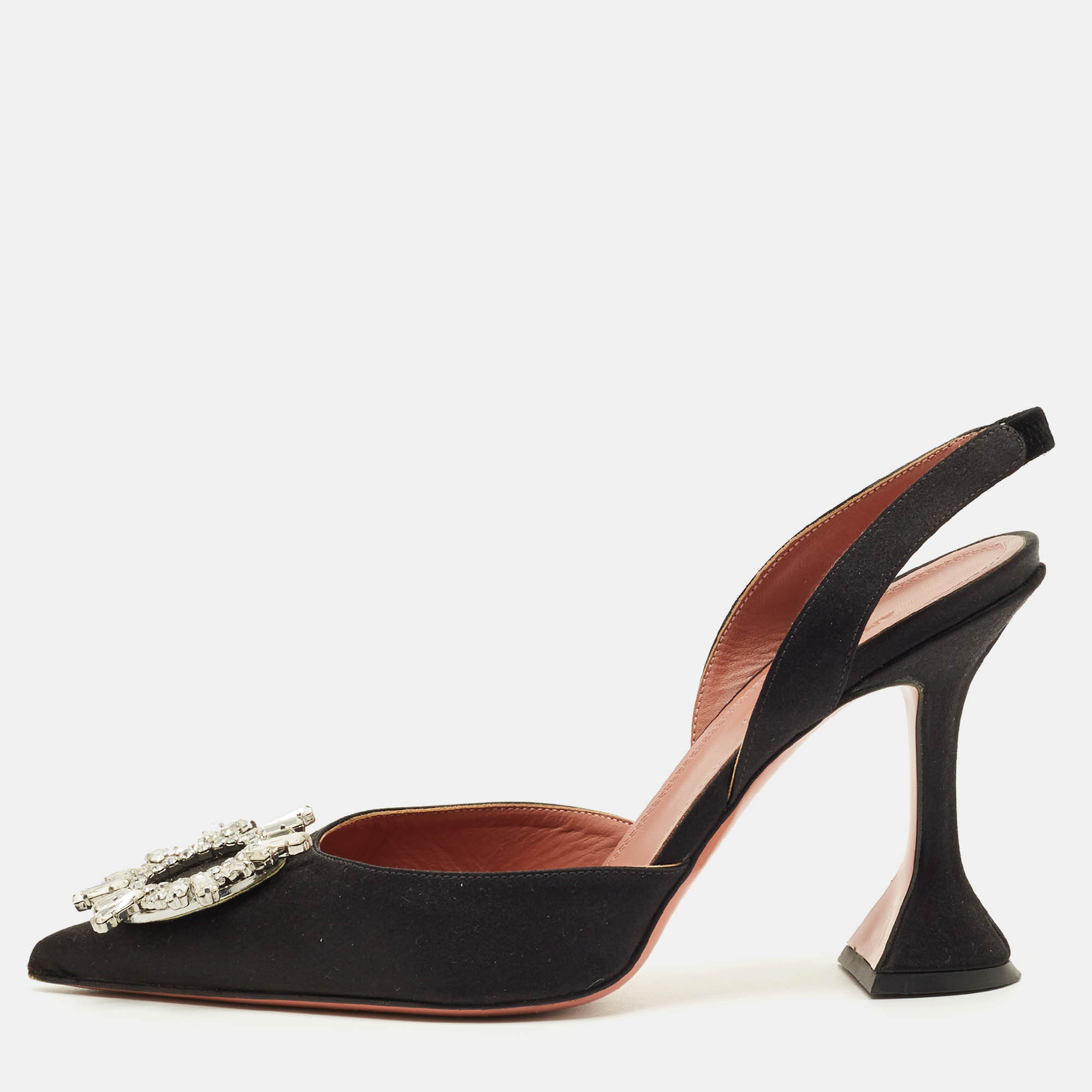 Pre Owned Amina Muaddi Black Satin Begum Slingback Pumps Size 39