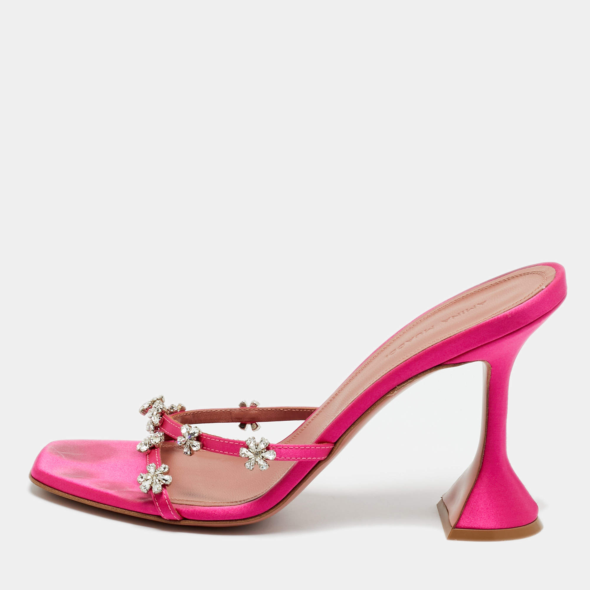 Pre Owned Amina Muaddi Pink Satin Lily Slide Sandals Size 37.5