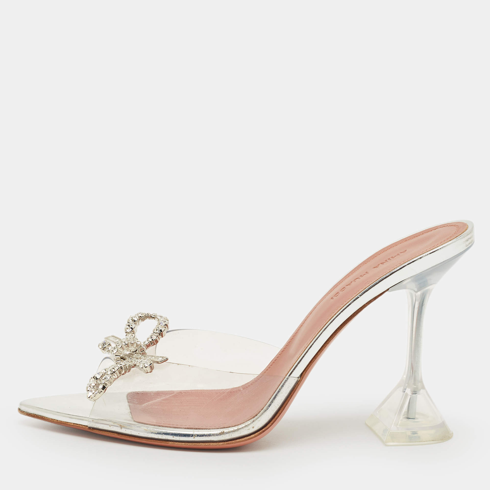 Pre Owned Amina Muaddi Silver Rosie Crystal Embellished PVC Pointed Toe Slingback Sandals Size 38