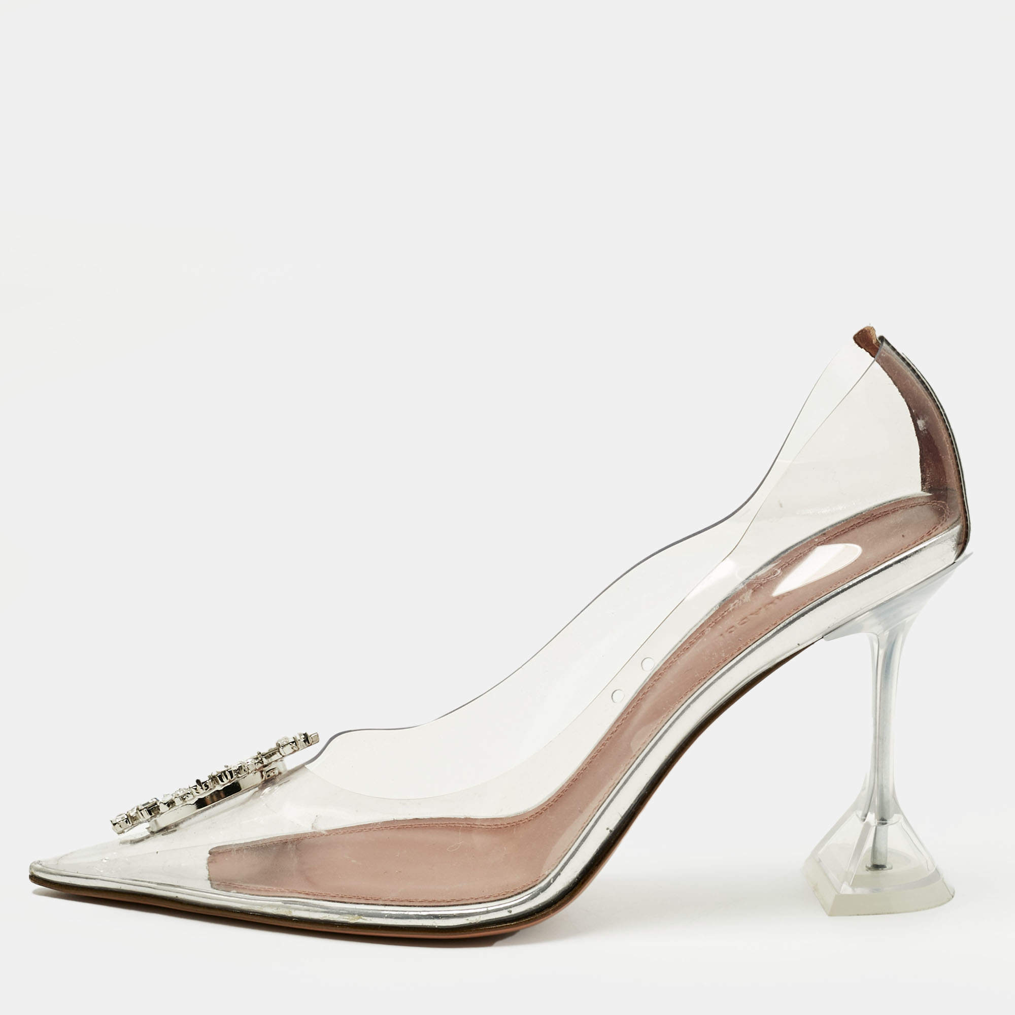 Pre Owned Amina Muaddi Transparent/Silver PVC and Leather Rosie Pointed Toe Pumps Size 41