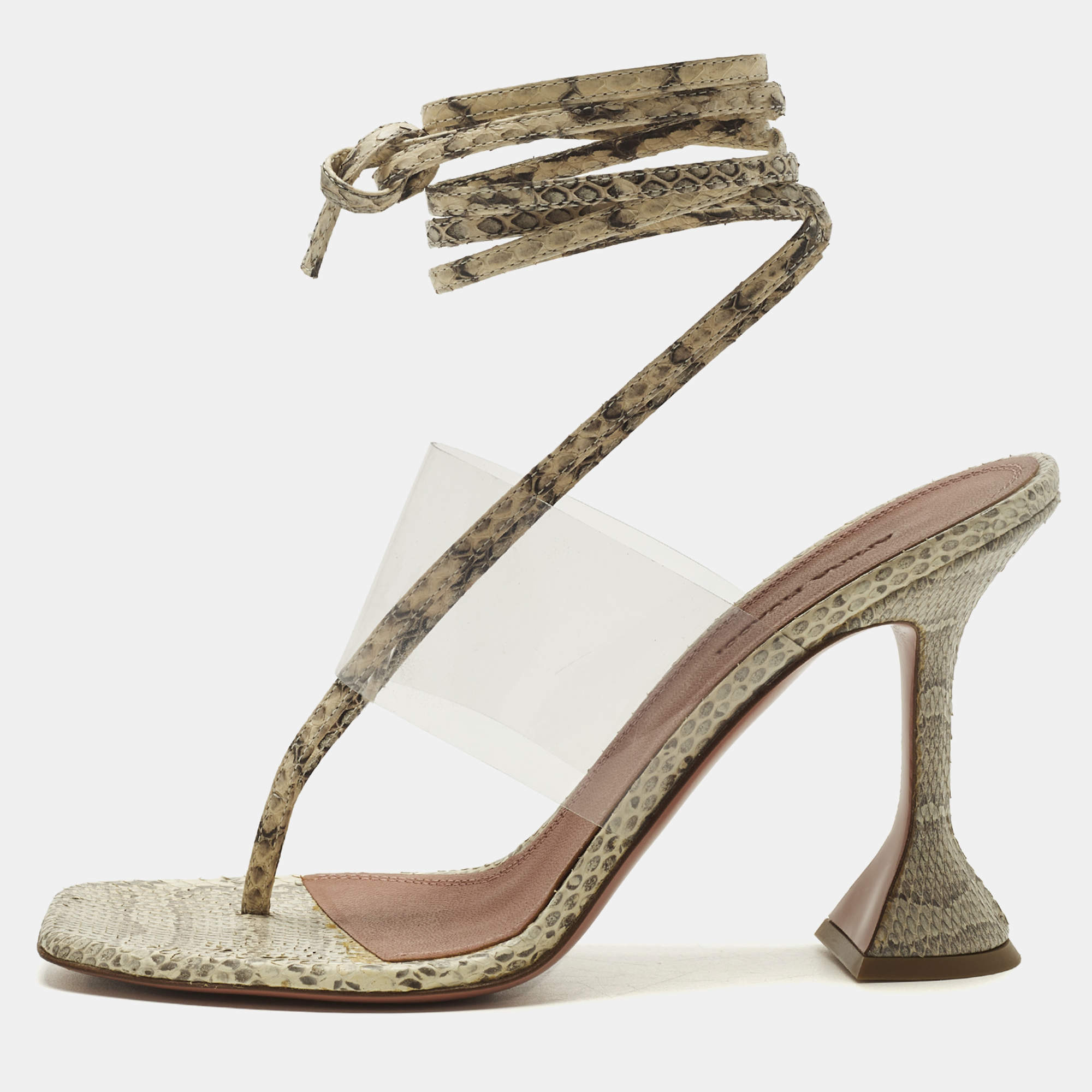 Pre Owned Amina Muaddi zula Size 40 Transparent/Beige PVC and Water Snakeskin Leather Ankle Strap Sandals