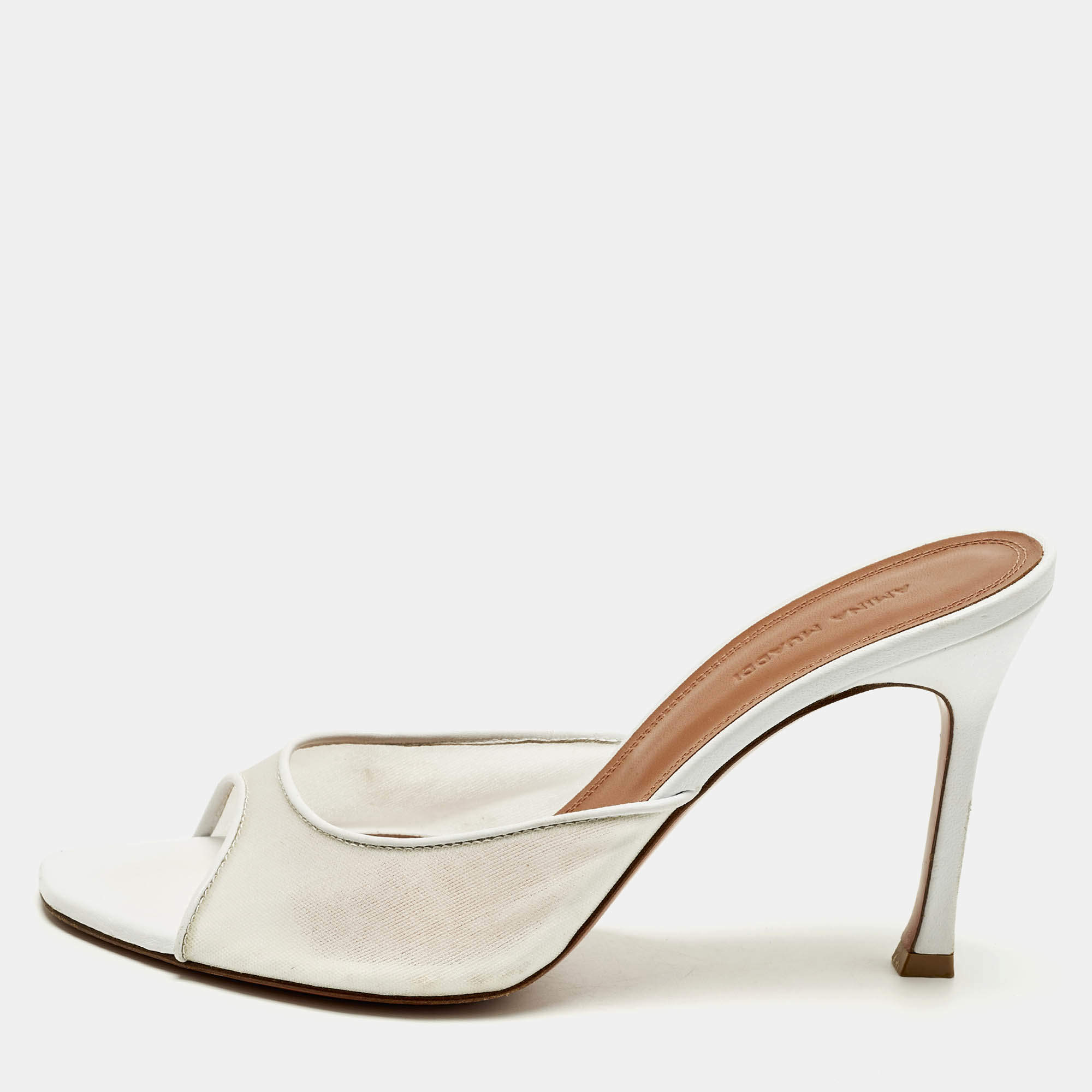 Pre Owned Amina Muaddi Elodie Size 39 White Leather and Mesh Slide Sandals