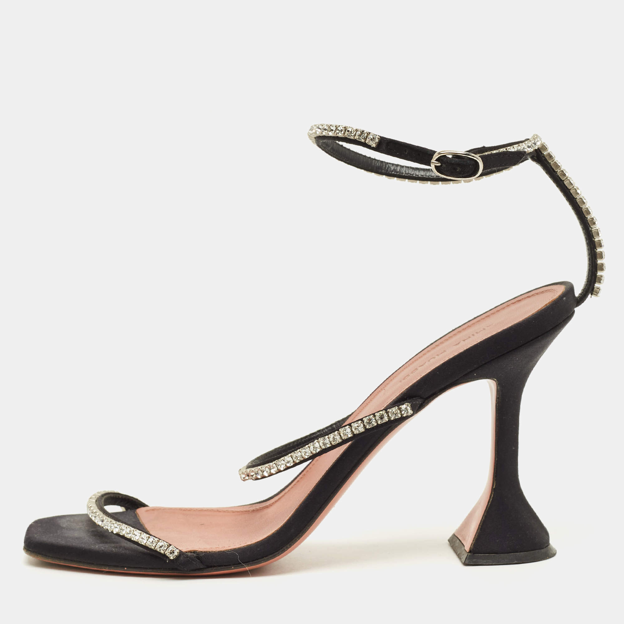 مملوكة مسبقًا Amina Muaddi Gilda Size 39.5 Black Satin Ankle Strap Sandals