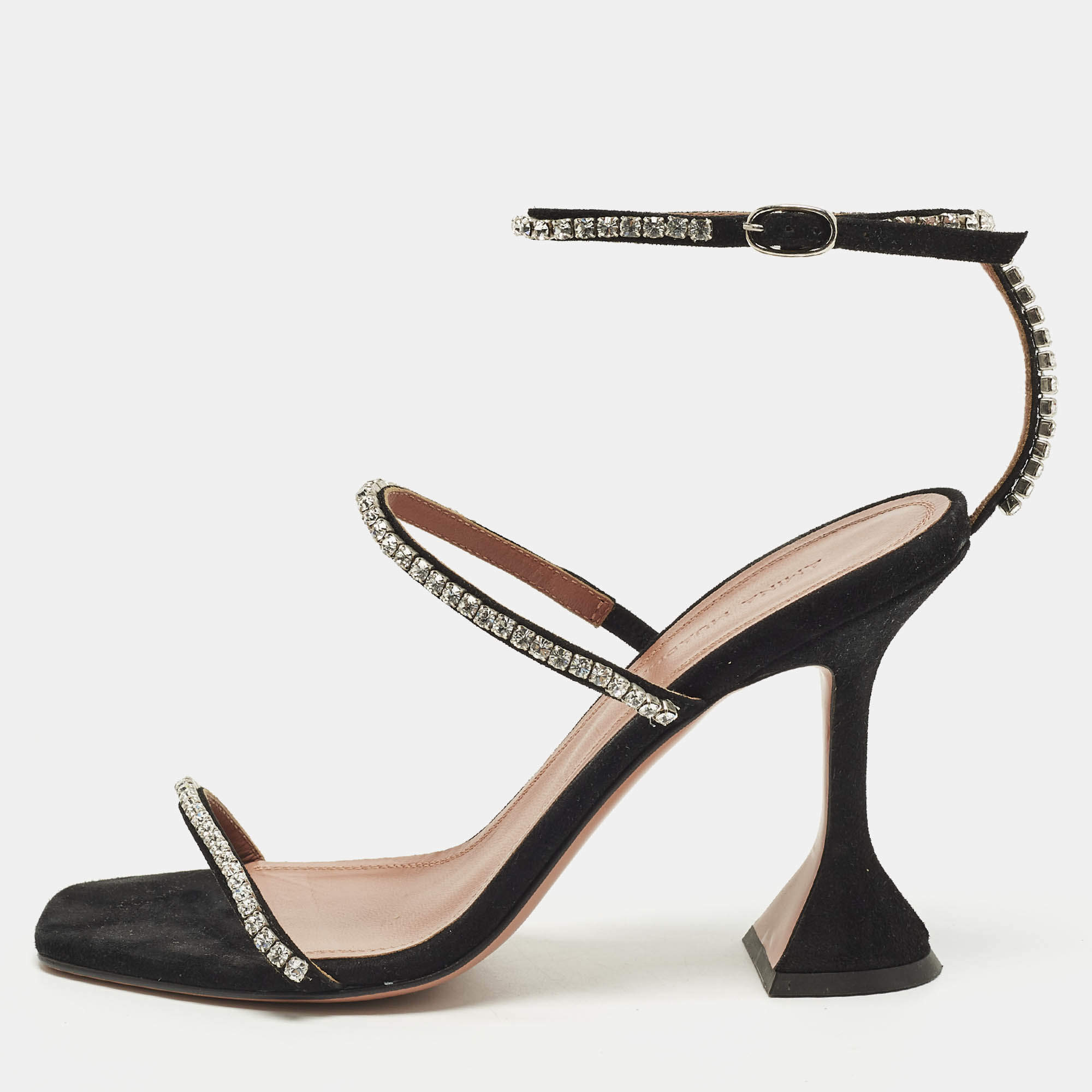 Pre Owned Amina Muaddi Gilda Size 37 Black Suede Ankle Strap Sandals