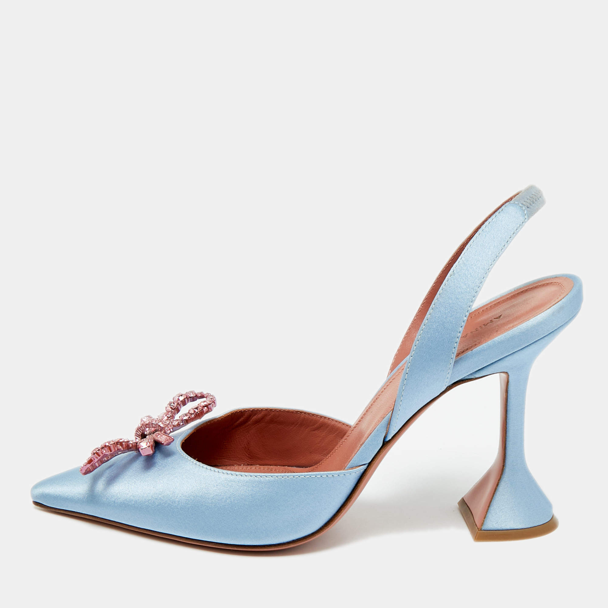 مملوكة مسبقًا Amina Muaddi Begum Size 38 Blue Satin sSlingback Pumps
