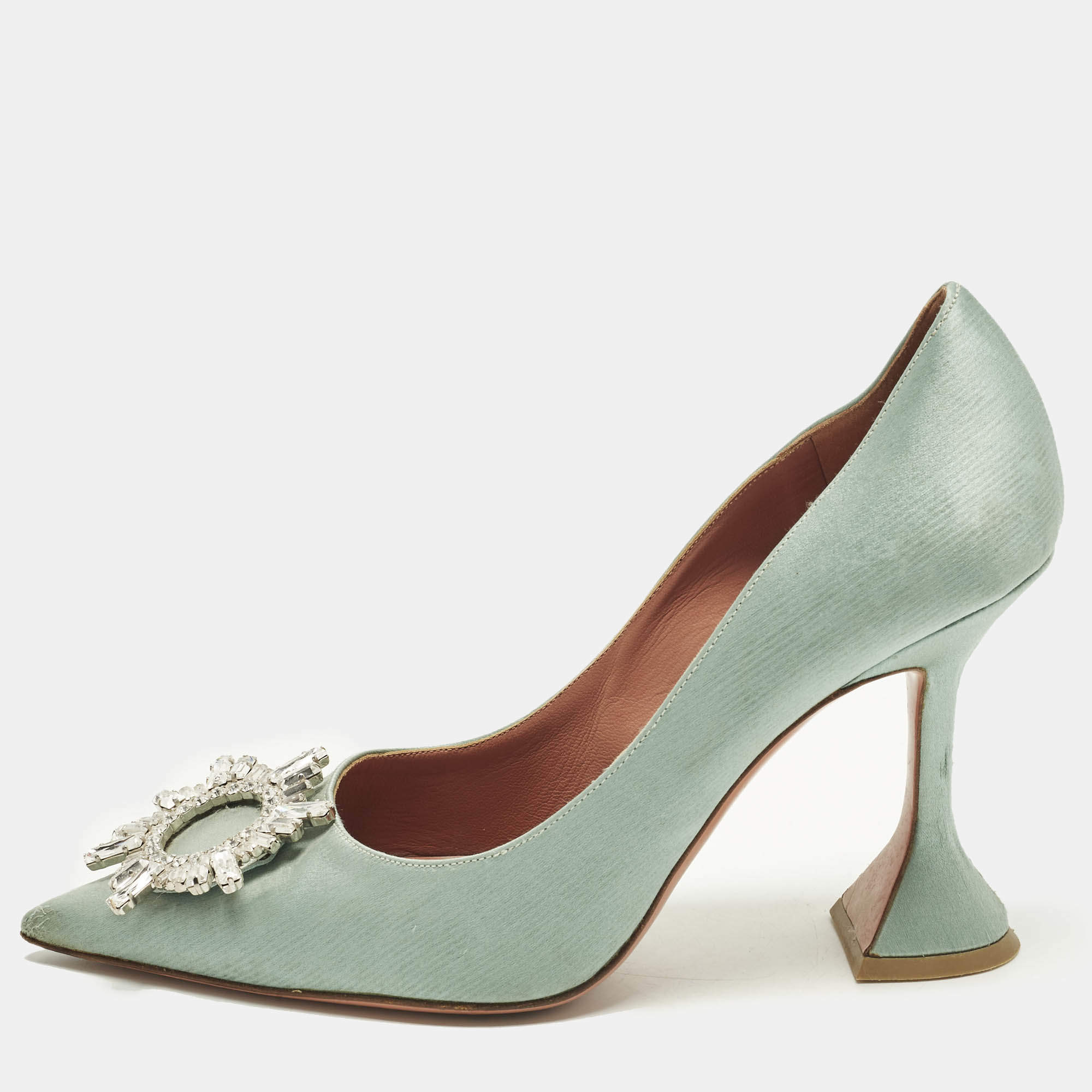 Pre Owned حذاء كعب عالي أمينة معادي بيغام ساتان أبيض مزخرف كريستال مقدمة مدببة مقاس 39