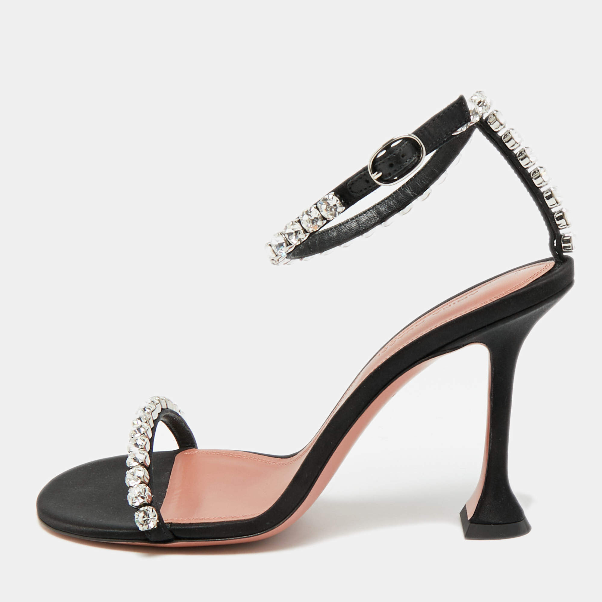 Pre Owned Amina Muaddi Gilda Size 38 Black Satin Crystal Emebellished Ankle Strap Sandals