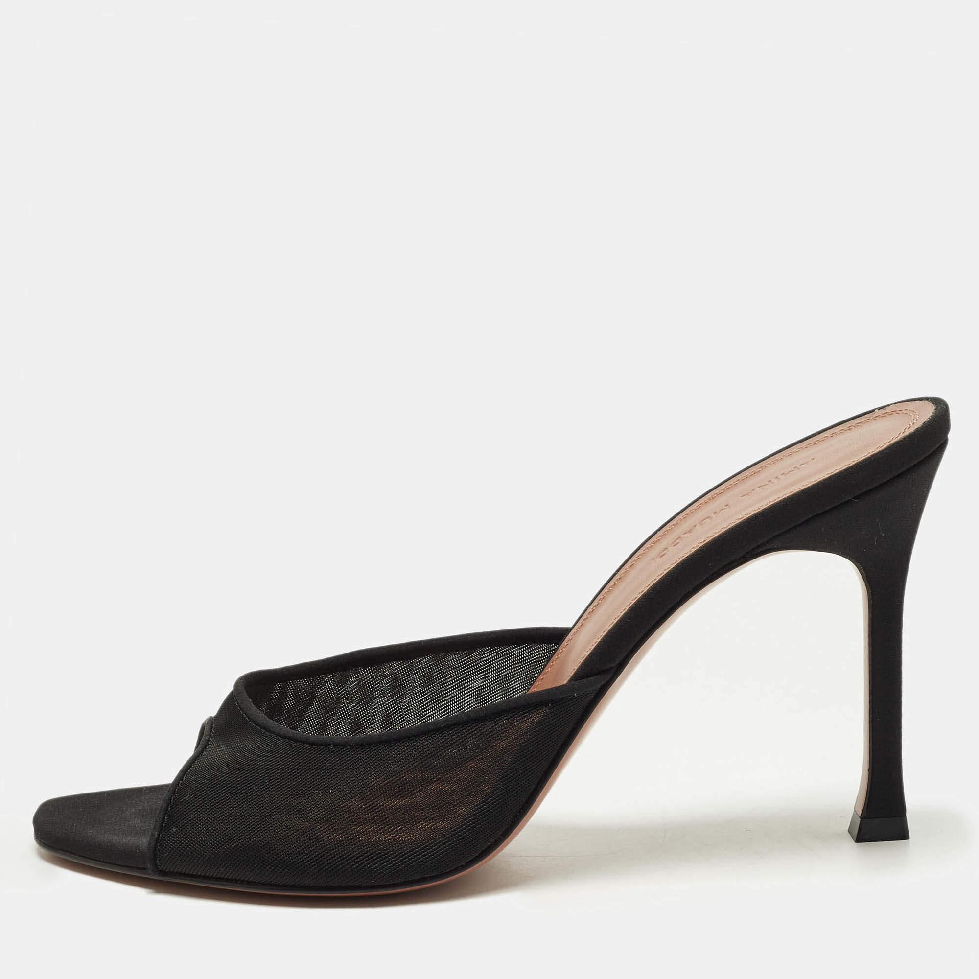 Pre Owned صندل سلايد أمينة معادي أليكسا شبكة سوداء وساتان مقاس 38