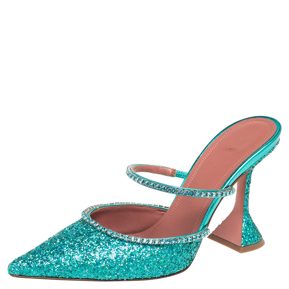 Pre Owned Amina Muaddi Green Glitter Crystal Embellished Gilda Mules Size 38