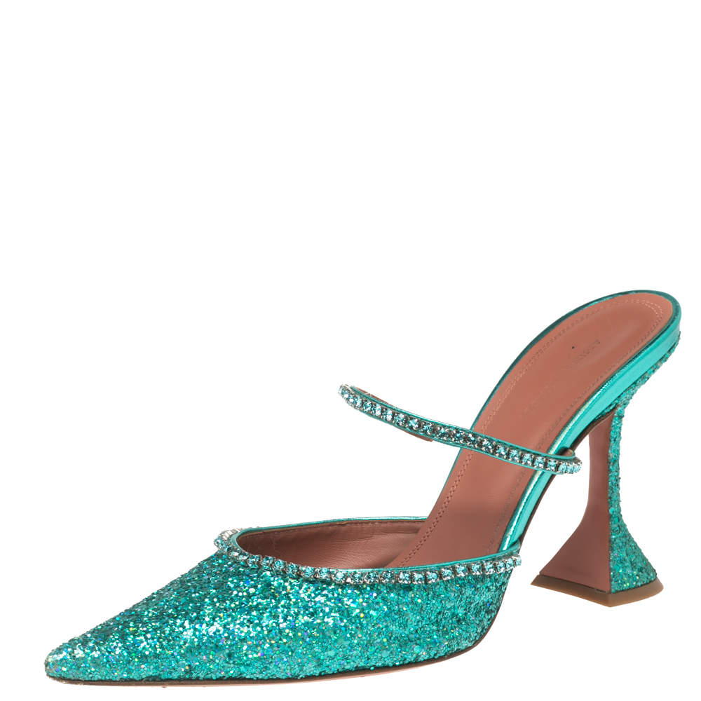 Pre Owned Amina Muaddi Green Glitter Crystal Embellished Gilda Mules Size 39.5