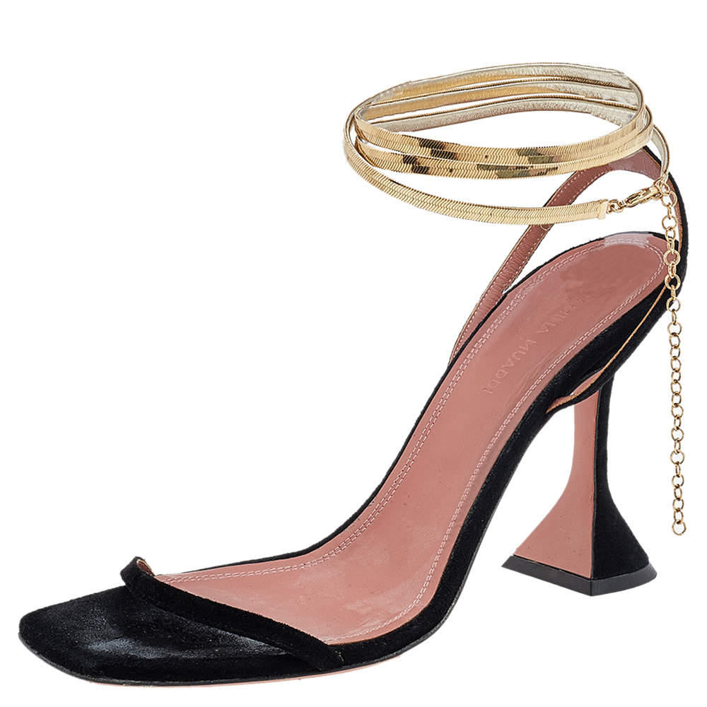 Pre Owned Amina Muaddi Black Suede Ankle Strap Sandals Size 39.5