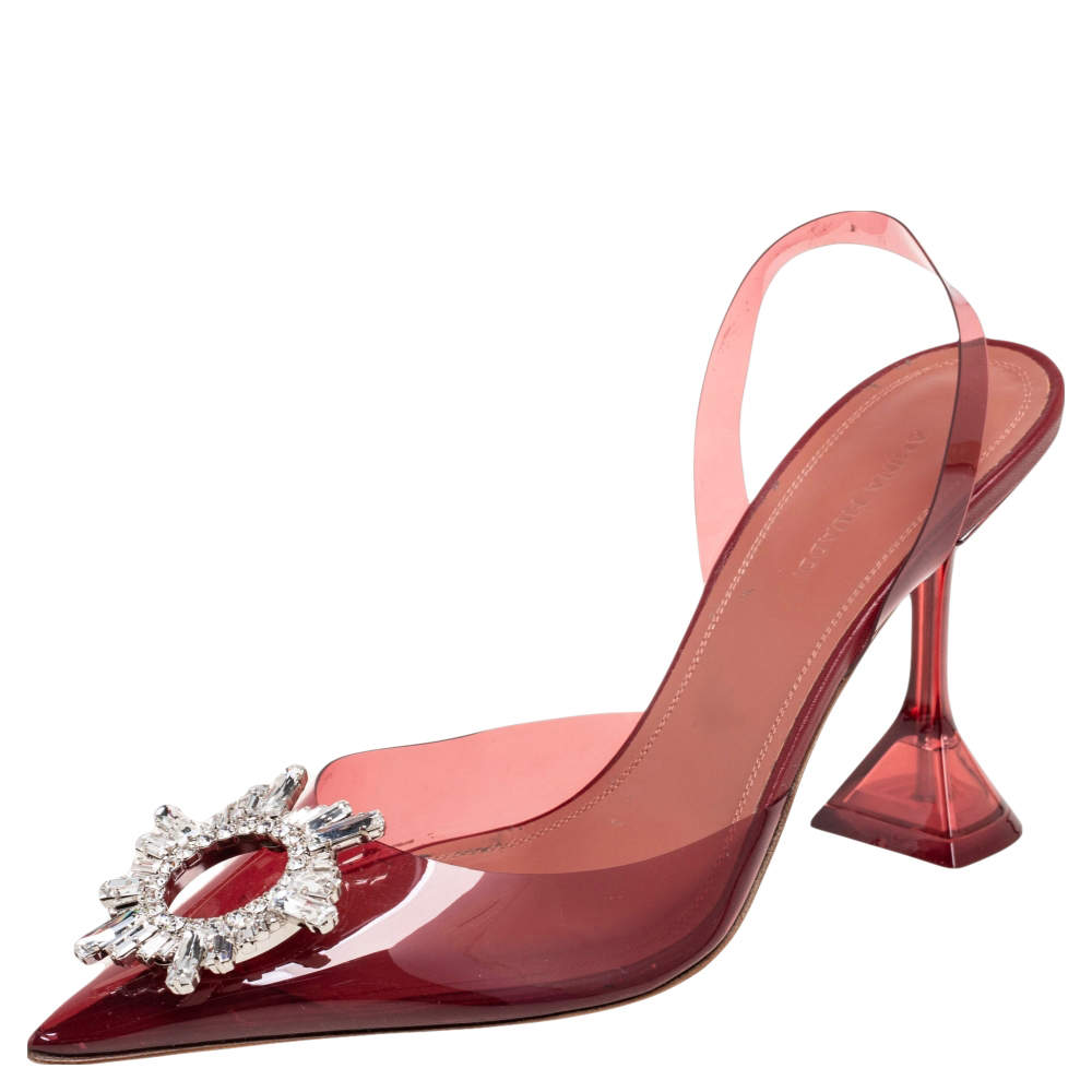 Pre Owned Amina Muaddi Burgundy PVC Begum Glass Slingback Pumps Size 38.5
