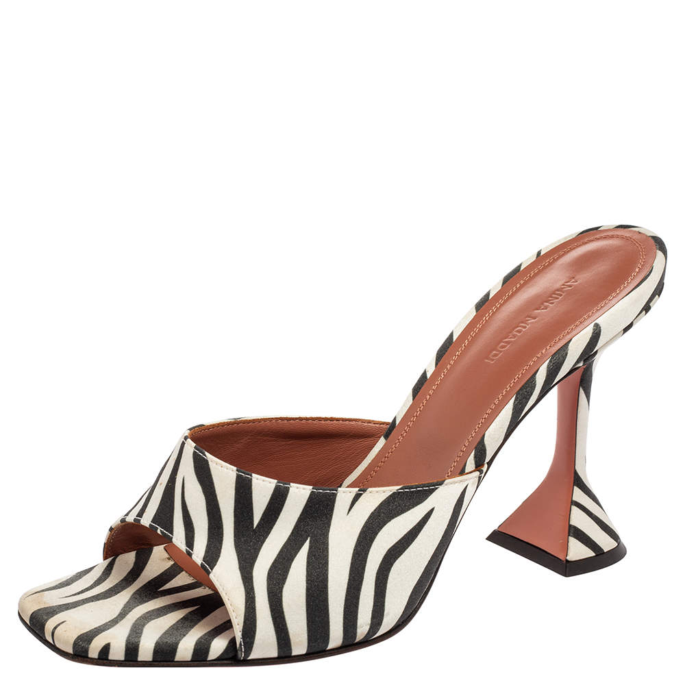 Pre Owned Amina Muaddi White/Black Zebra Print Satin Lupita Slide Sandals Size 40
