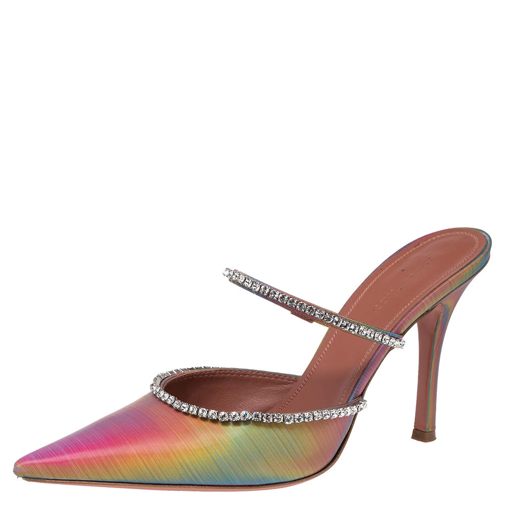 Pre Owned Amina Muaddi Iridescent PVC Crystal Embellished Gilda Mules Sandals Size 40