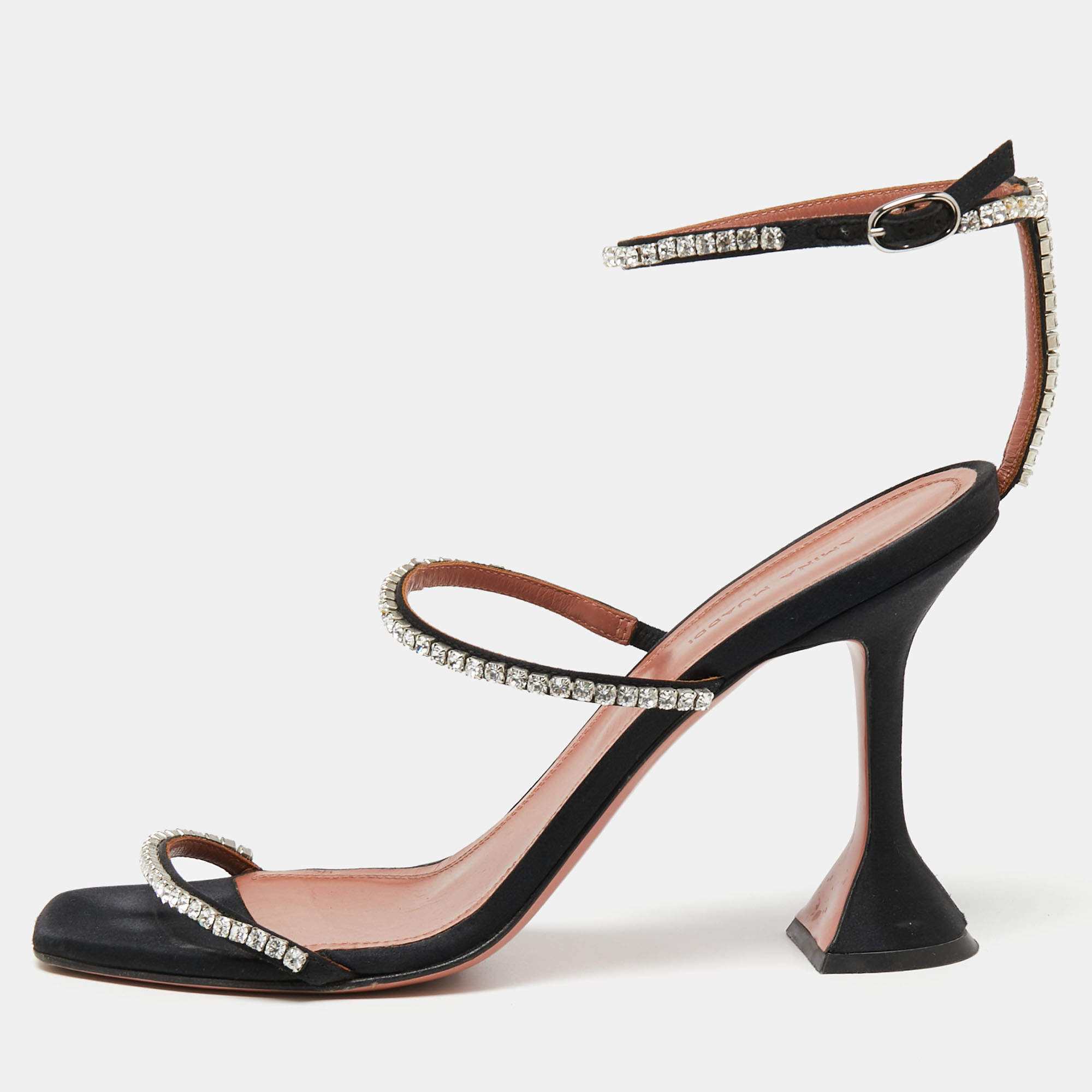 Amina Muaddi Black Crystal Embellished Satin Gilda Sandals Size 40