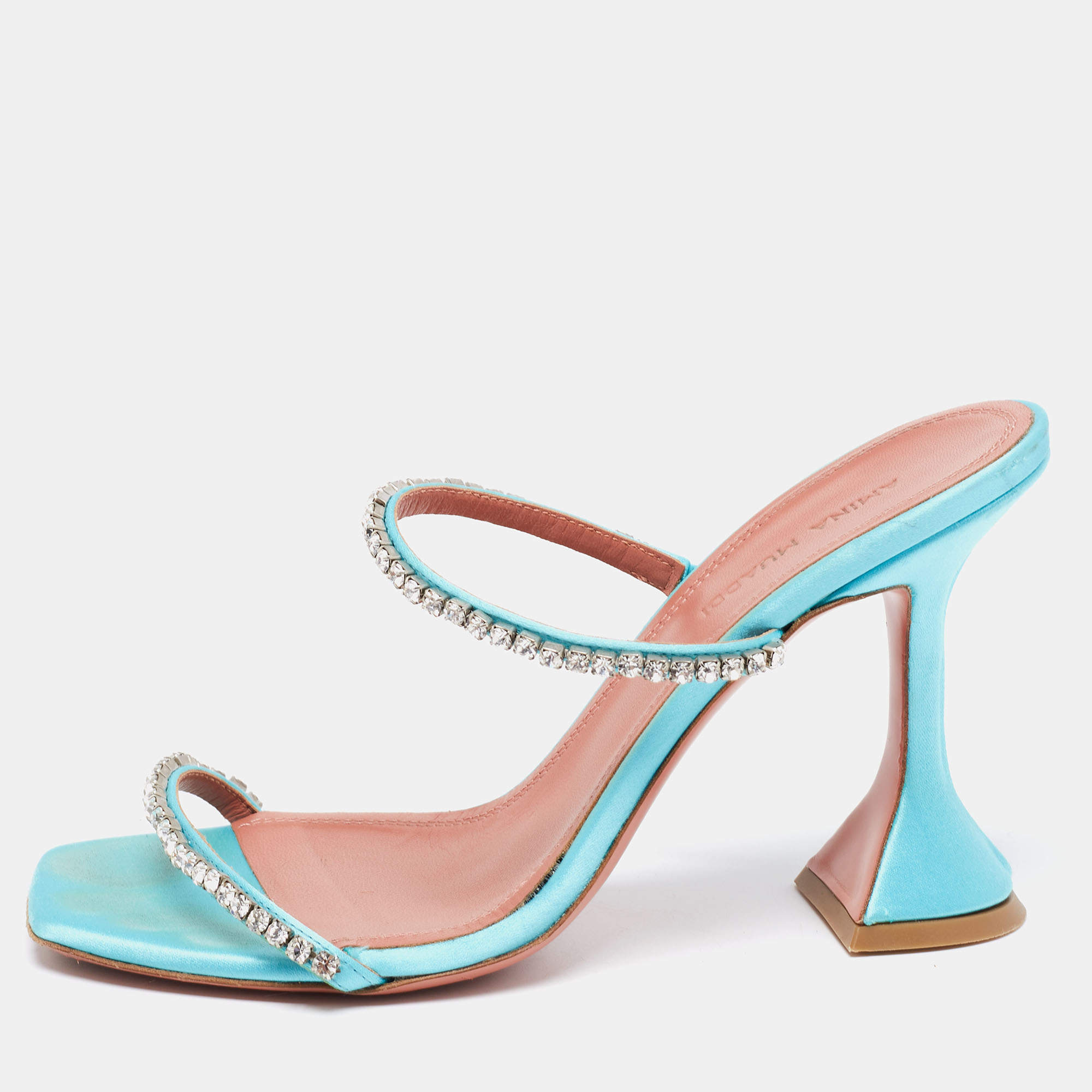 Pre Owned Amina Muaddi  Blue Satin Crystal Embellished Gilda Sandals Size 36