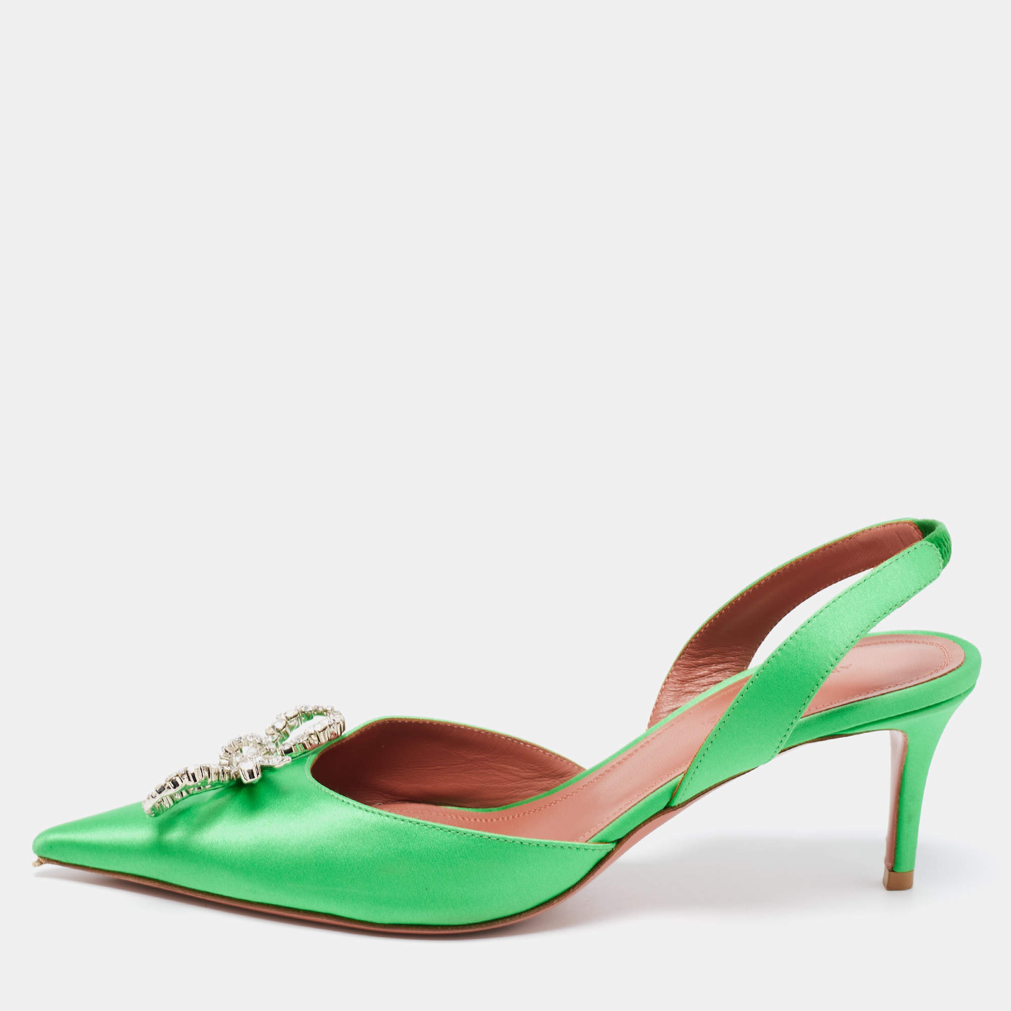 Amina Muaddi Green Satin Rosie Slingback Sandals Size 38