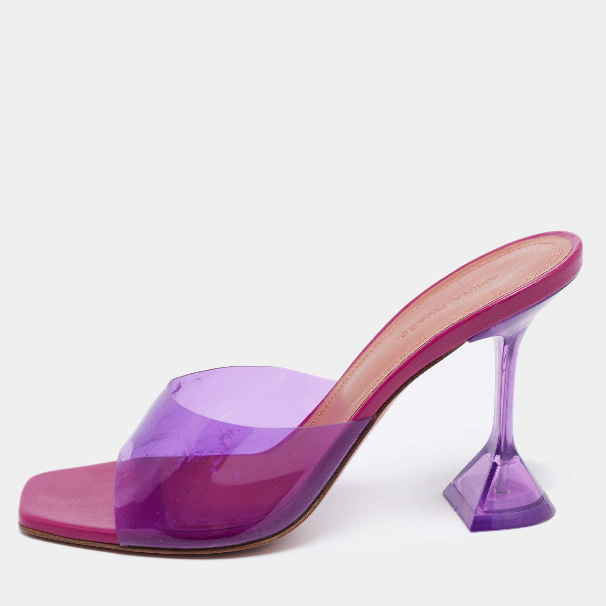 Amina Muaddi Purple PVC Open Toe Pedestal Heel Lupita Mules Size 39