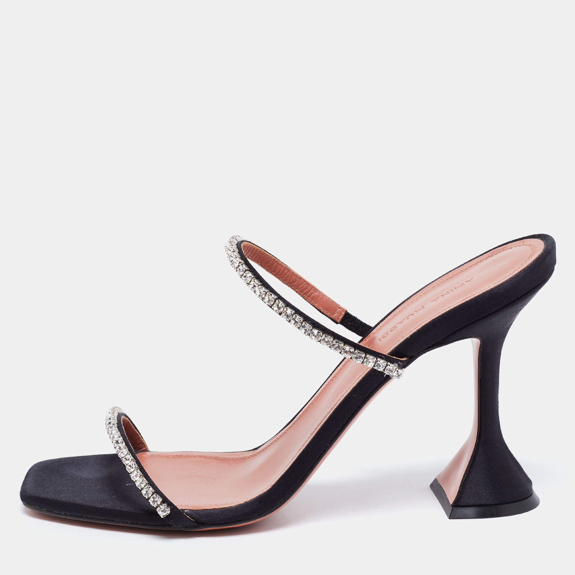 Pre Owned Amina Muaddi Black Satin Crystal Embellished Gilda Slide Sandals Size 38.5