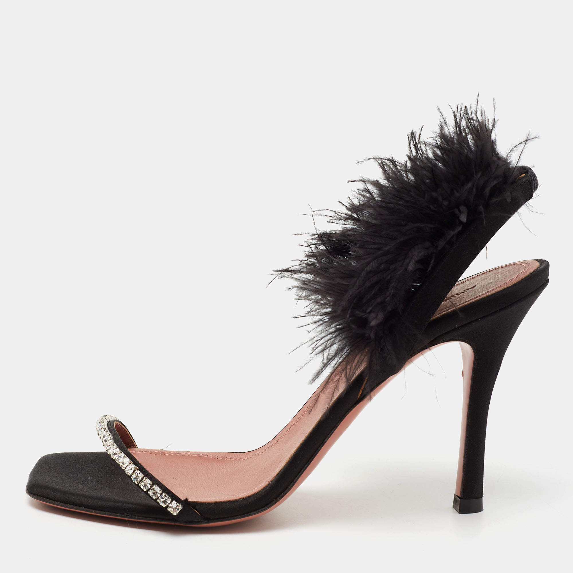 Pre Owned Amina Muaddi Black Crystal Embellished Satin and Feather Adwoa Slingback Sandals Size 37.5