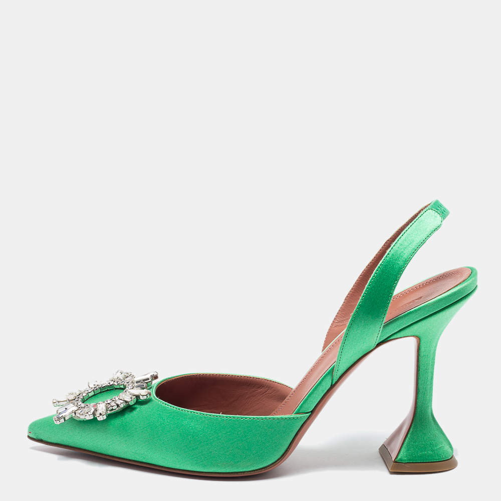 Amina Muaddi Green Satin Begum Slingback Pumps Size 39.5