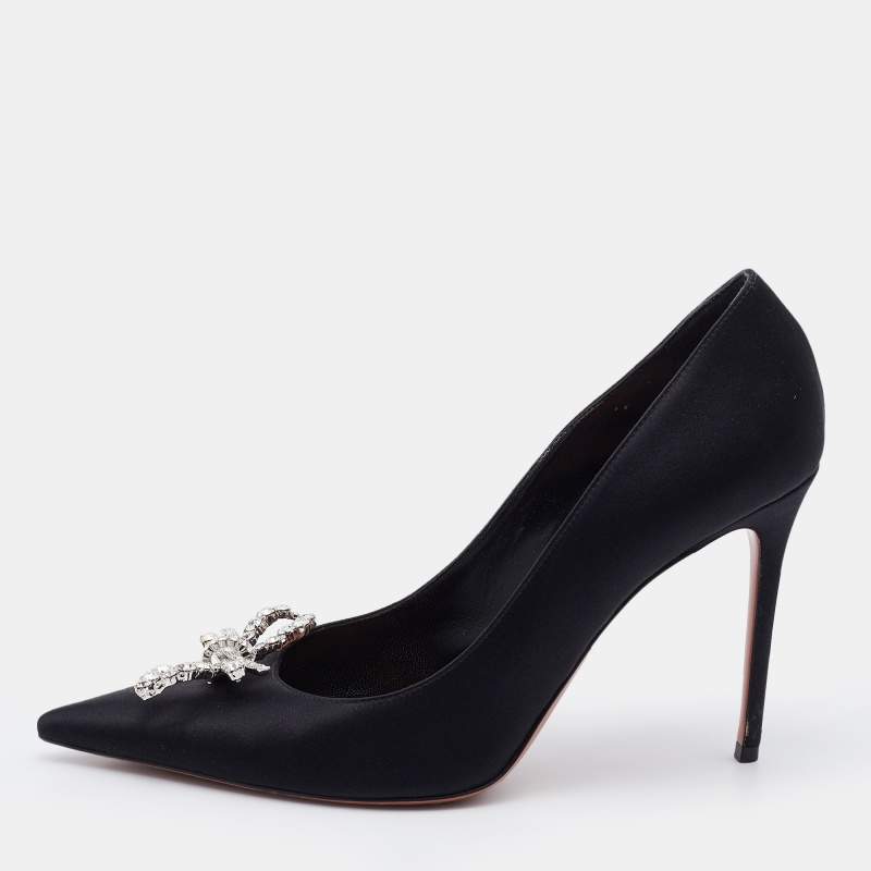 Pre Owned Amina Muaddi Black Satin Crystal Embellished Rosie Pumps Size 40