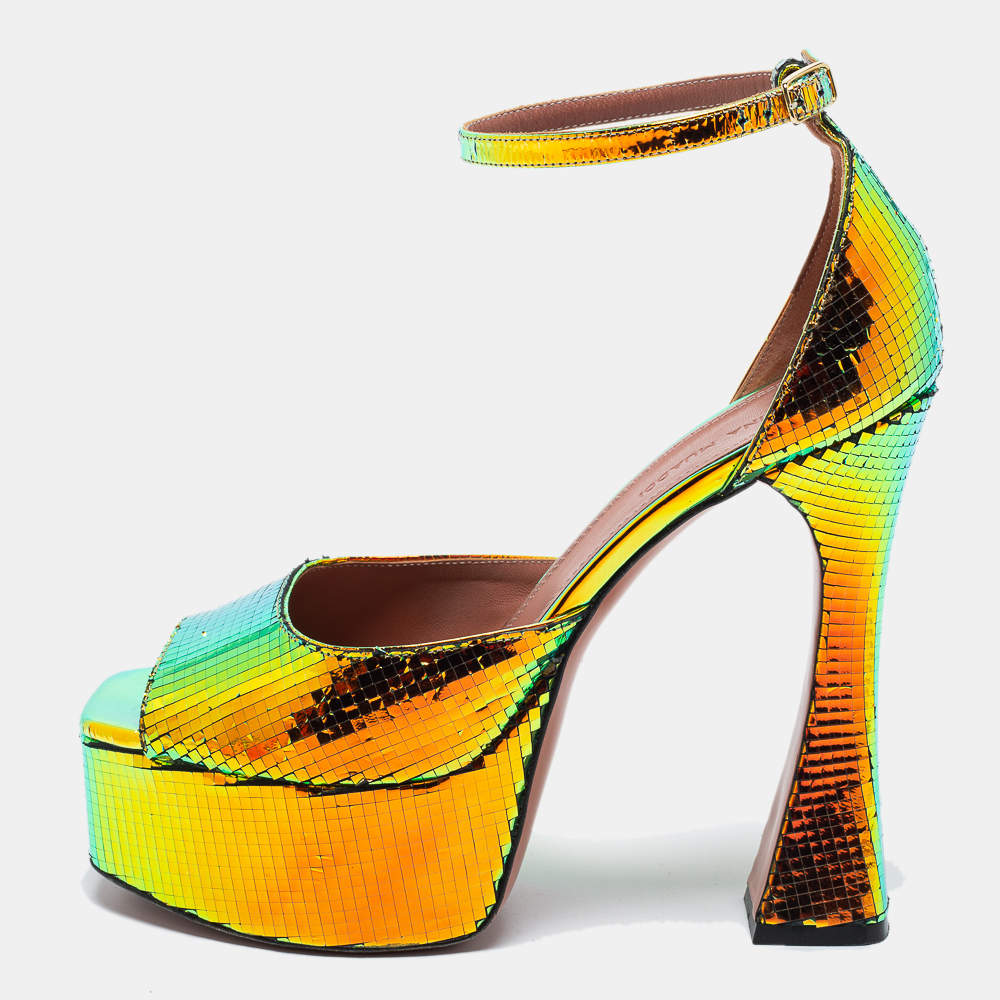 Pre Owned Amina Muaddi Multicolor Holographic Flared Heel Ankle Strap Sandals Size 38