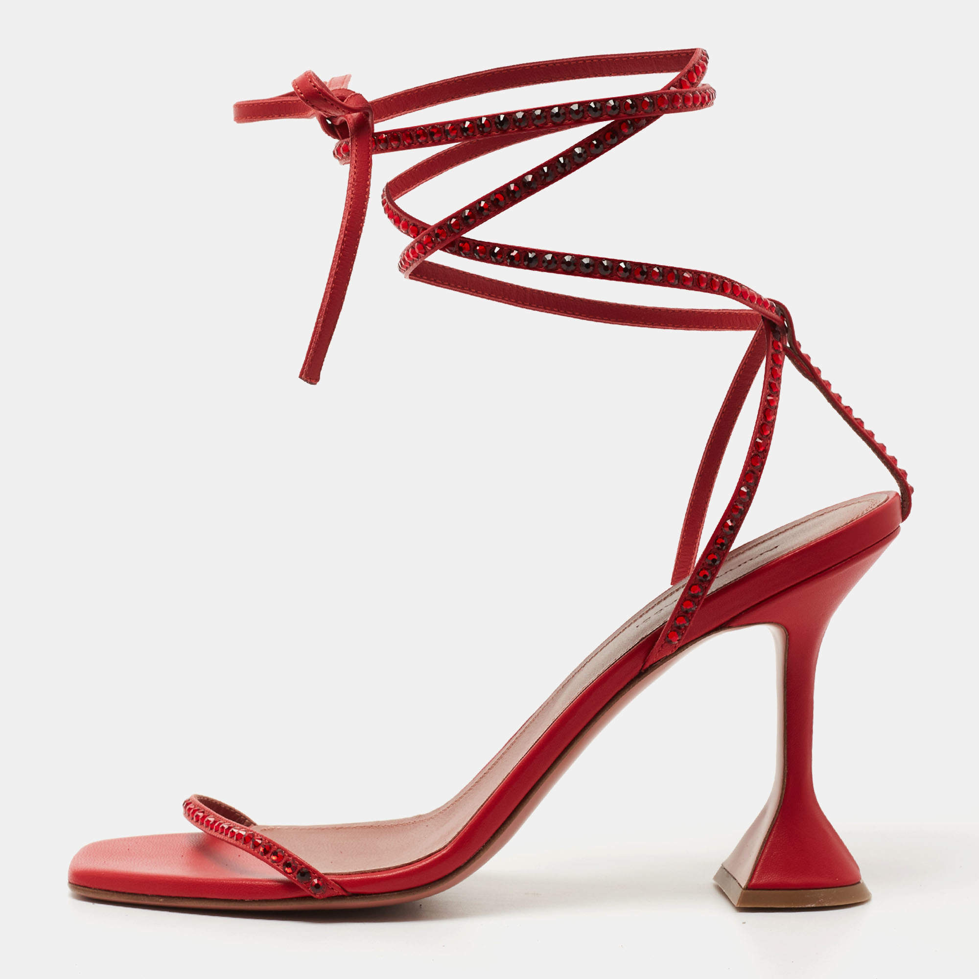 Pre Owned Amina Muaddi Red Leather Vita Crystals Ankle Wrap Sandals Size 41