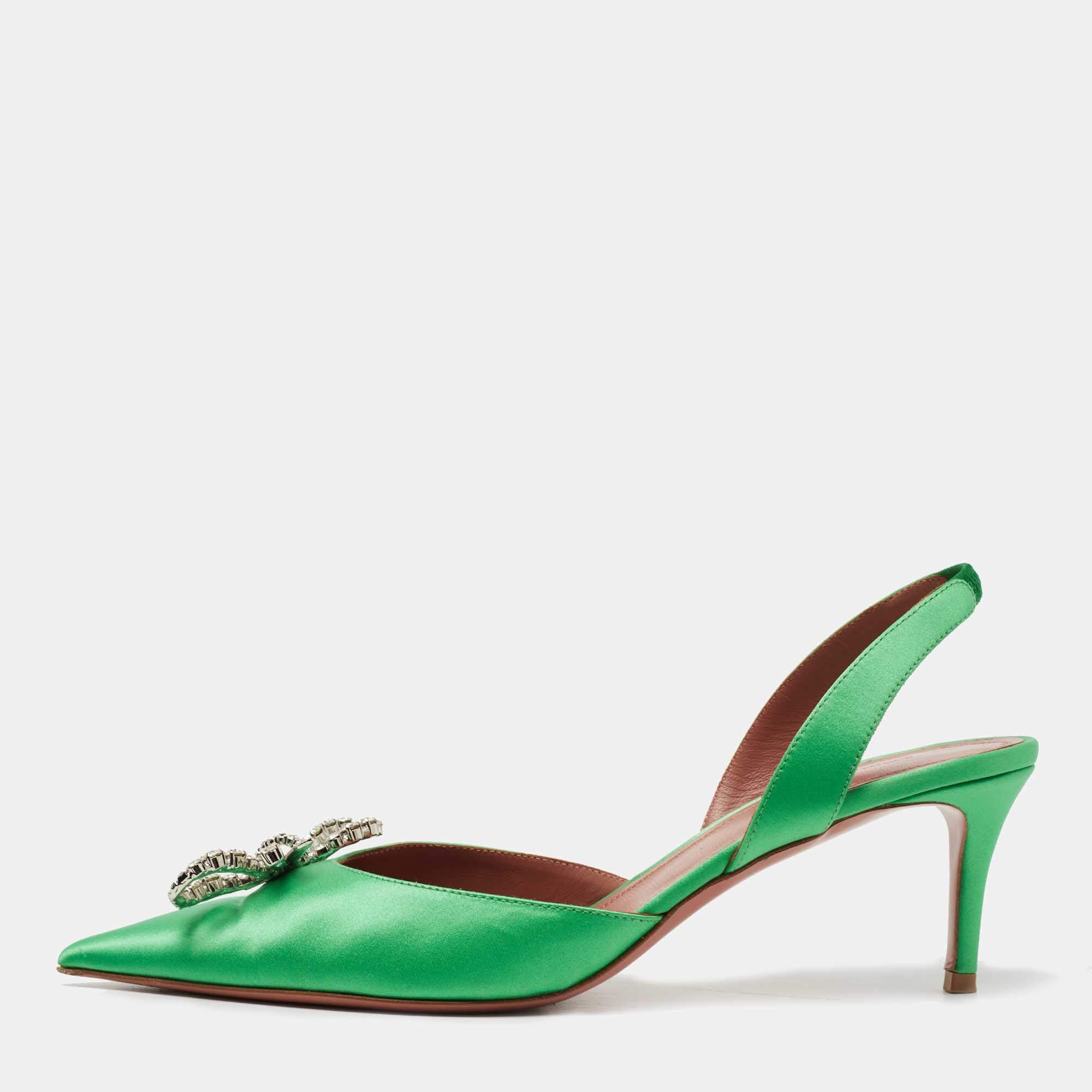 Pre Owned Amina Muaddi Green Satin Rosie Slingback Pumps Size 39.5