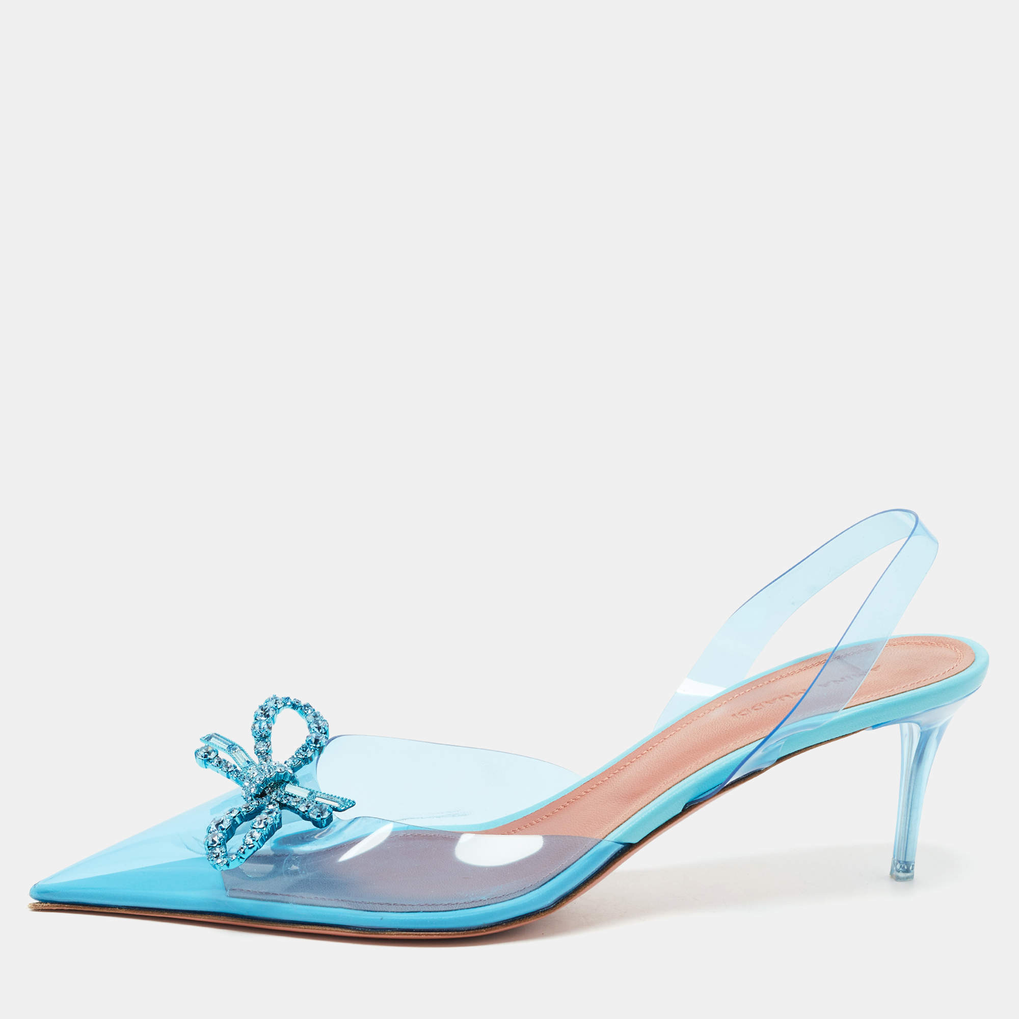 Amina Muaddi Blue PVC Crystal Embellished Rosie Slingback Pumps Size 39