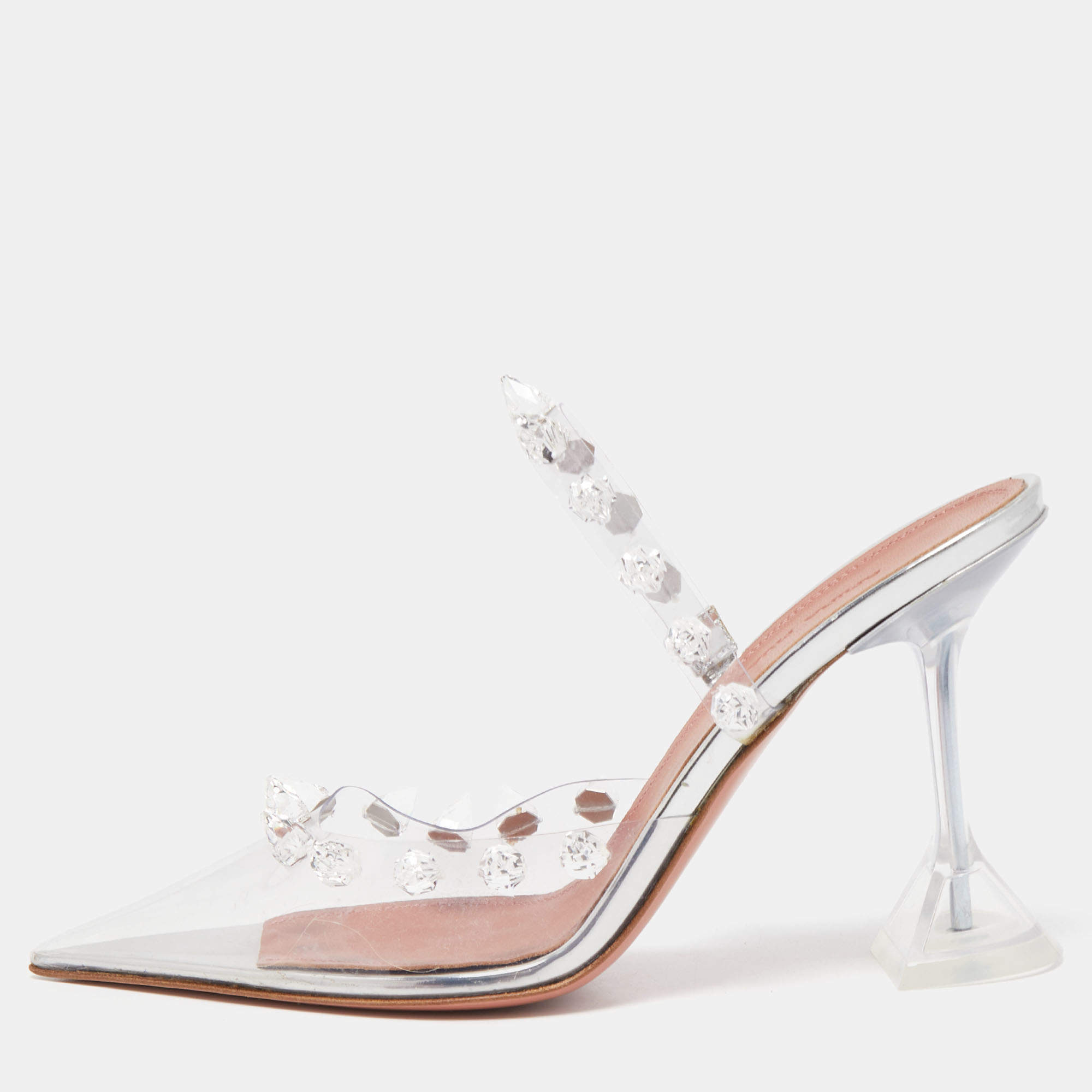 Pre Owned Amina Muaddi Transperent PVC Crystal Embellished Julia Mule Sandals Size 37