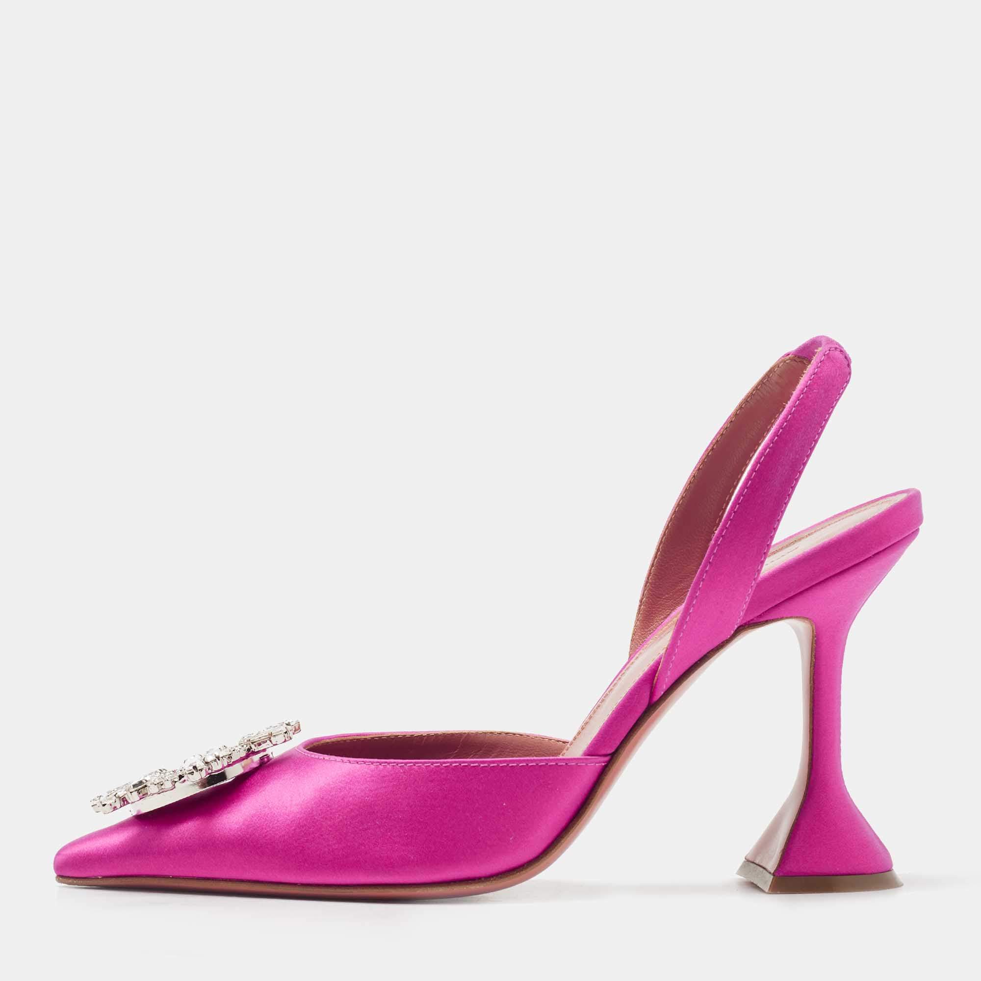Pre Owned Amina Muaddi Pink Satin Begum Slingback Pumps Size 37