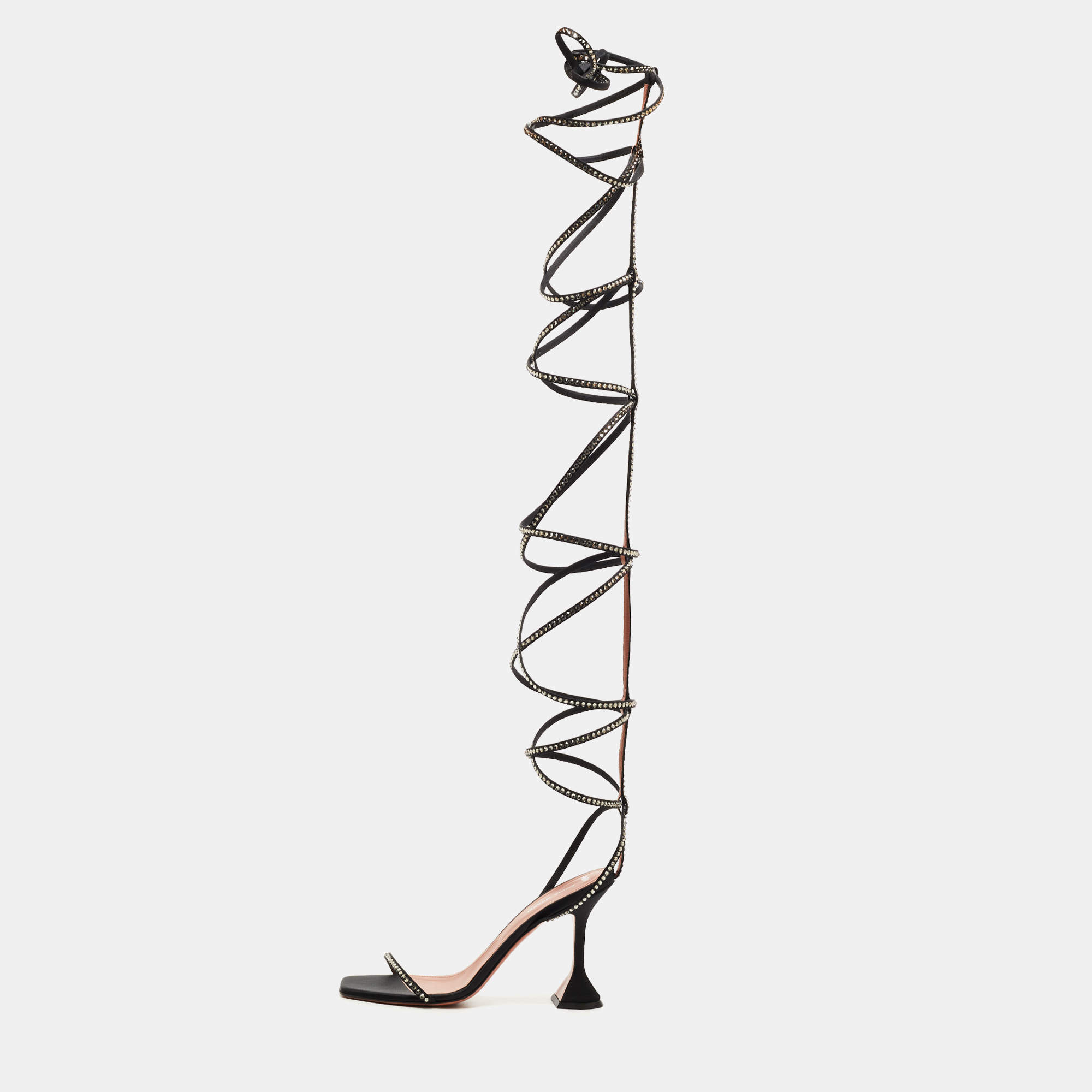 Pre Owned Amina Muaddi x AWGE LSD Black Satin Crystal Embellished Gladiator Sandals Size 39