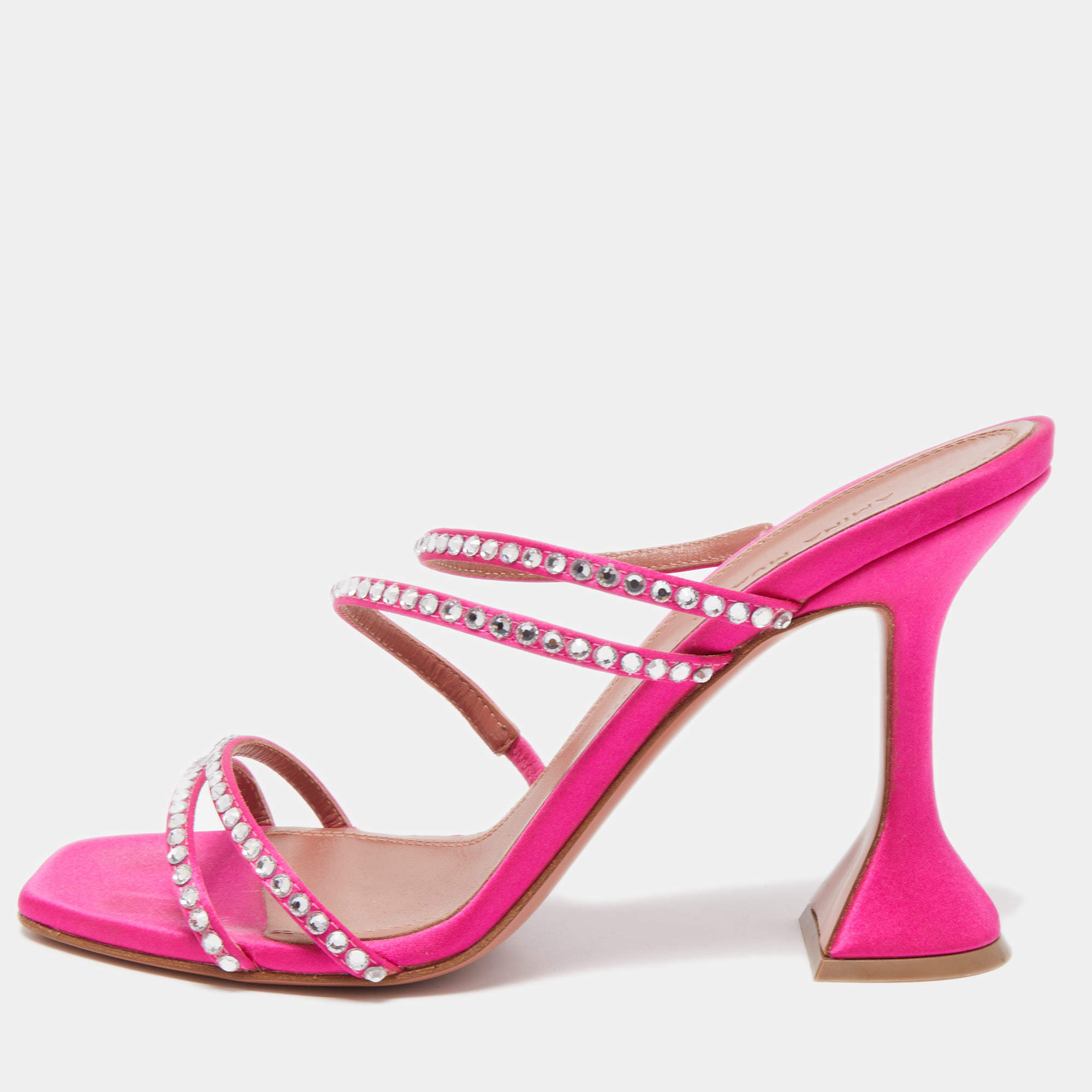 Pre Owned Amina Muaddi Pink Satin Gilda Crystal Embellished Sandals Size 37