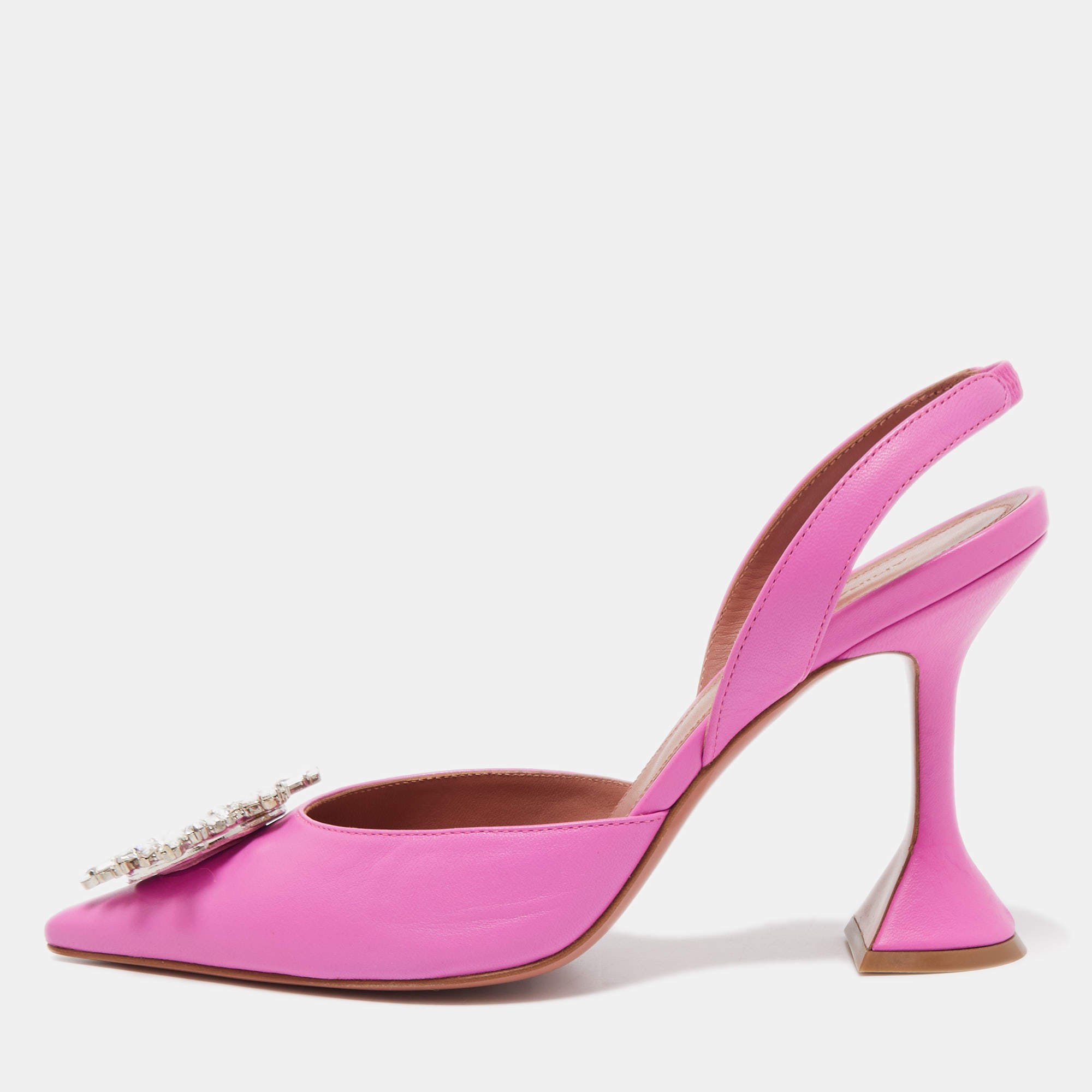 Pre Owned Amina Muaddi Pink Leather Begum Crystal Embellished Slingback Sandals Size 38.5