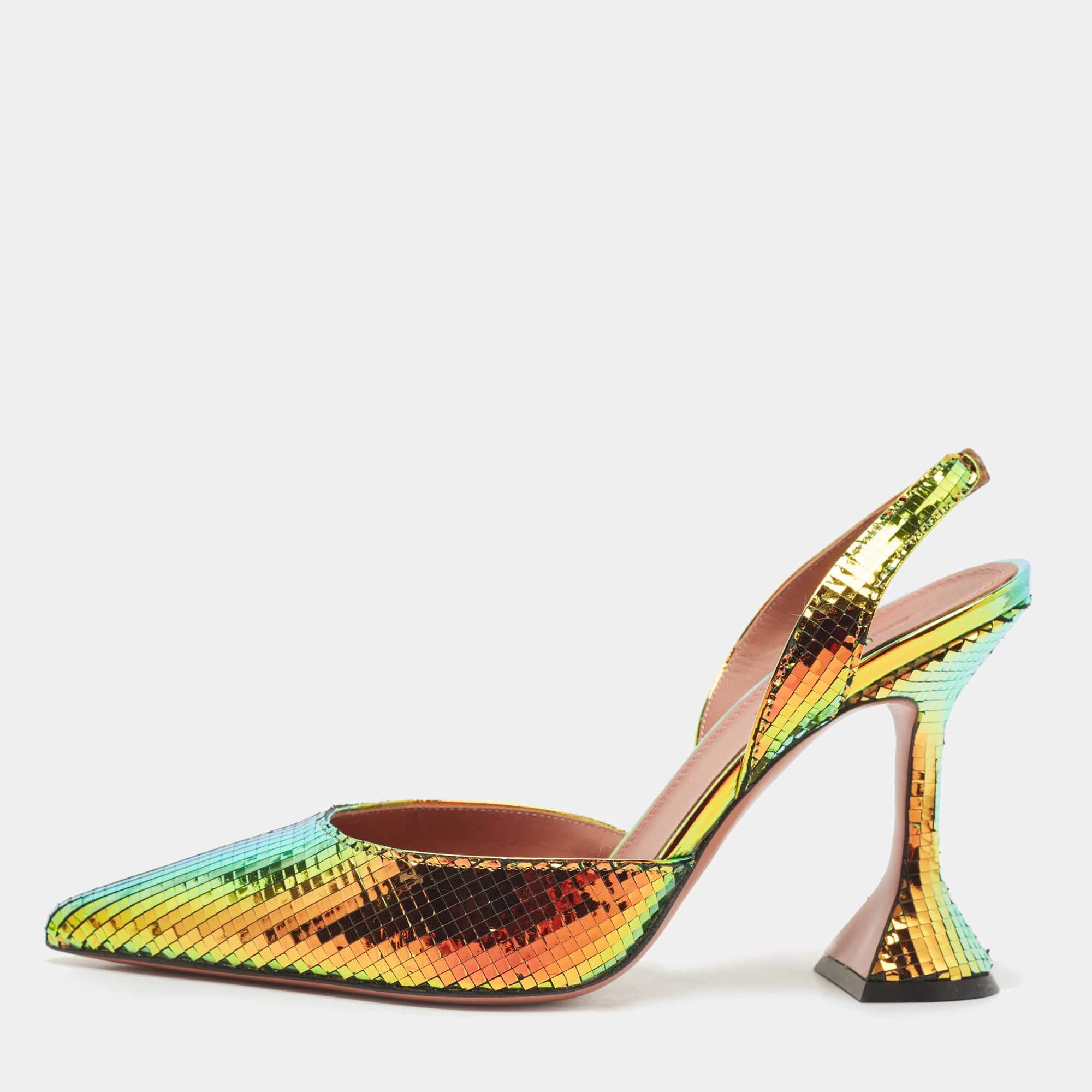 Pre Owned Amina Muaddi Multicolor Textured Foil Leather Holli Slingback Pumps Size 37.5