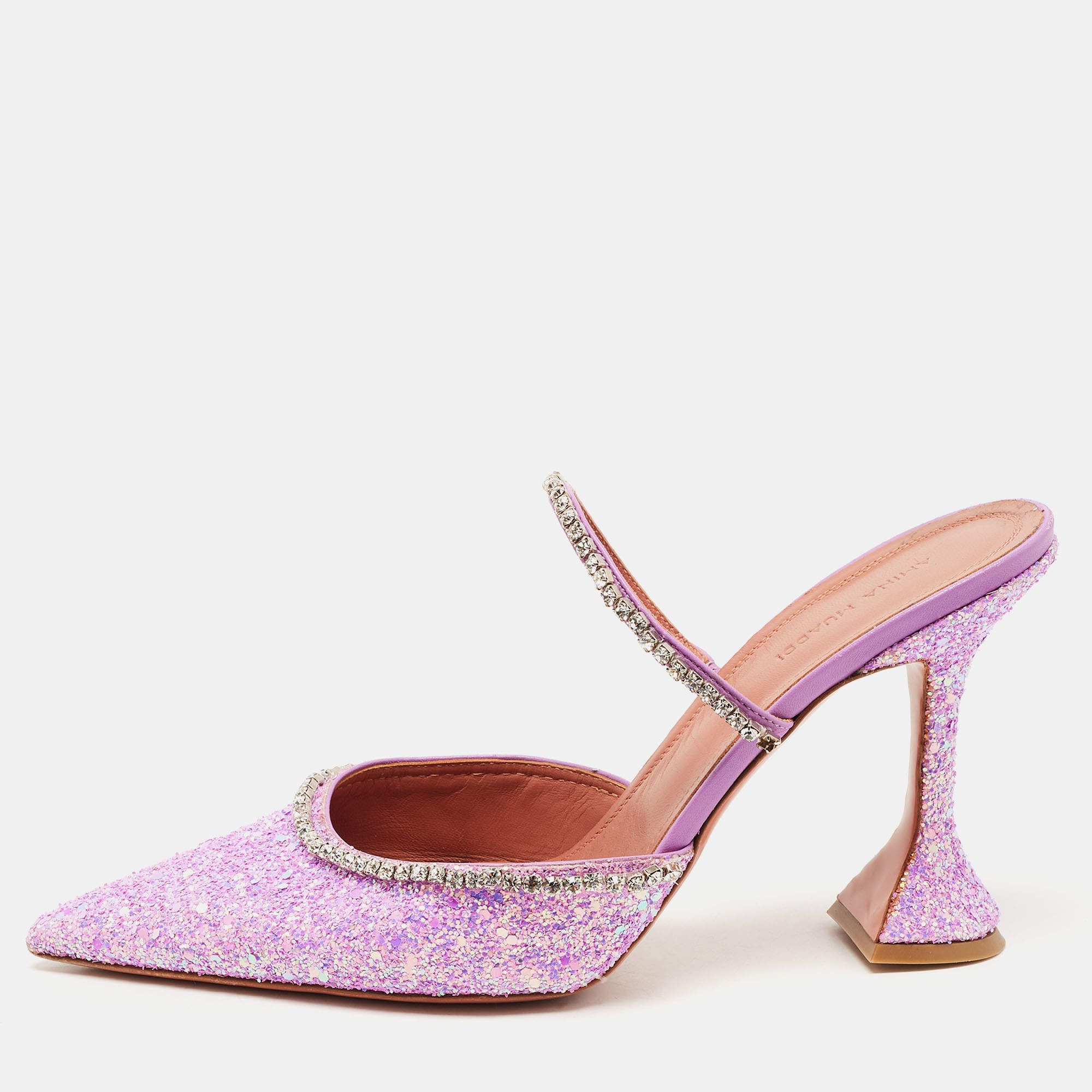 Amina Muaddi Purple Coarse Glitter Gilda Mules Size 41