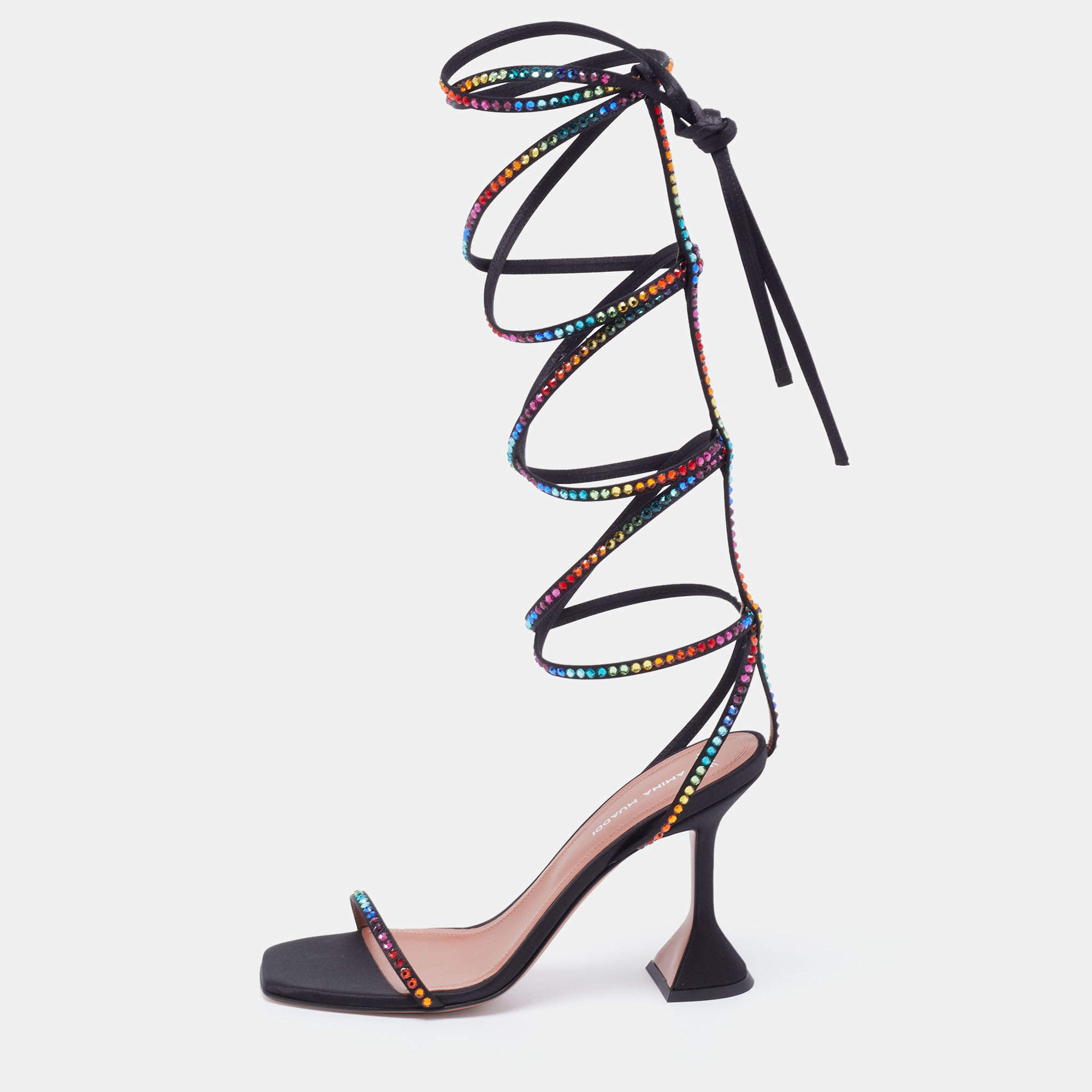 Amina Muaddi x AWGE Black Satin LSD Crystal Embellished Gladiator Sandals Size 37