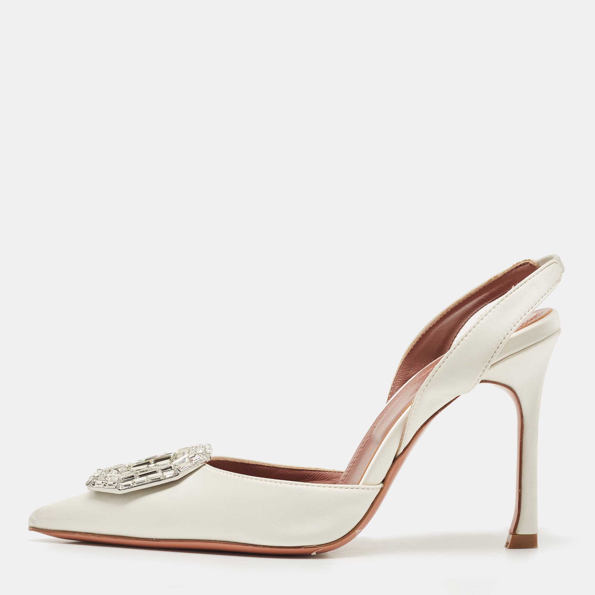 Pre Owned Amina Muaddi White Satin Camelia Sling Back Pumps Size 37