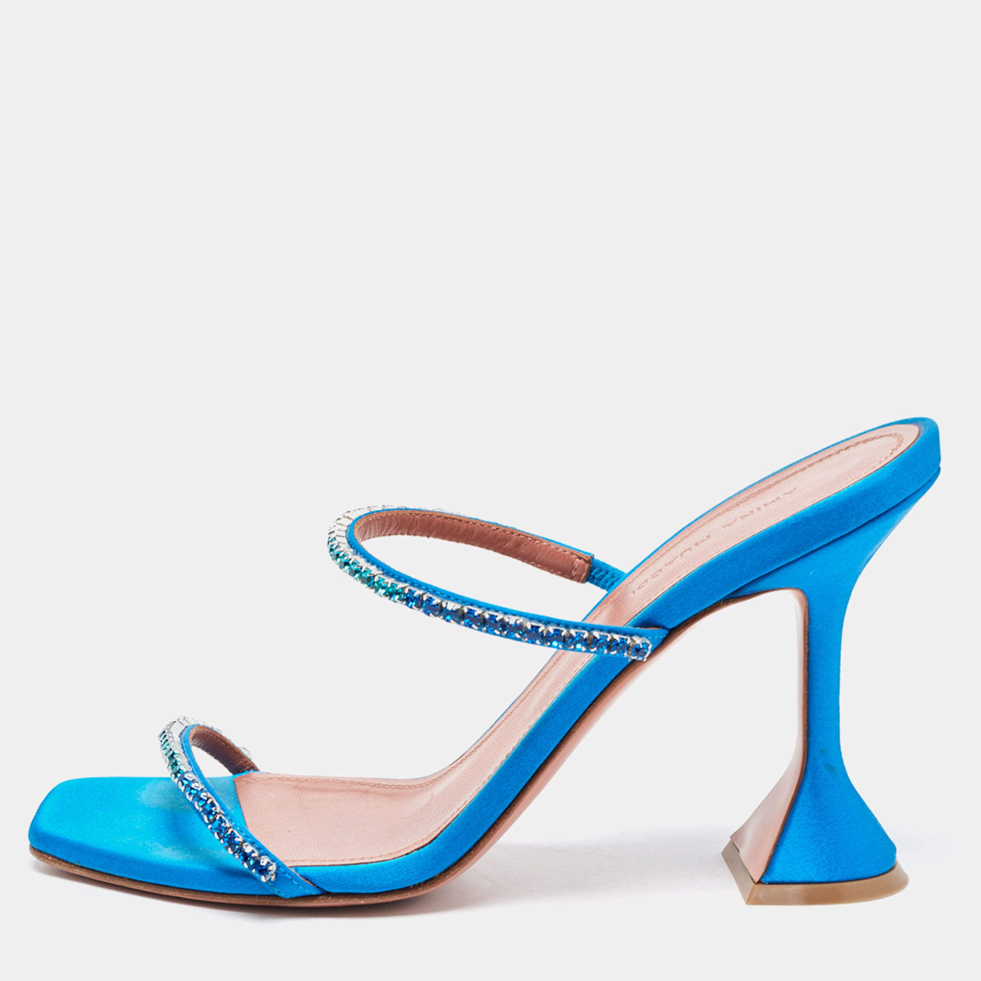 Pre Owned Amina Muaddi Blue Satin Crystal Gilda Sandals Size 38