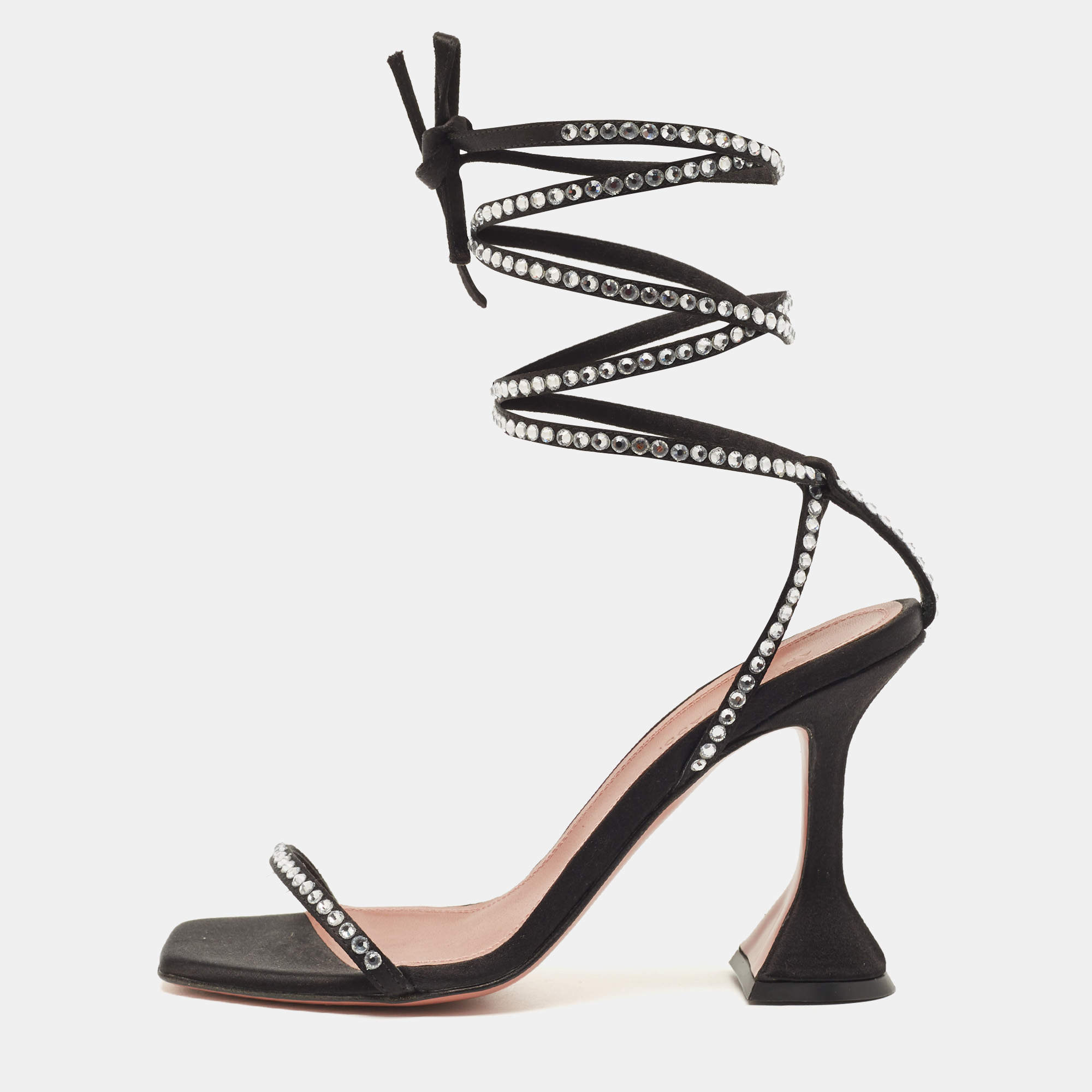 Pre Owned Amina Muaddi Black Satin Vita Ankle Tie Sandals Size 35.5