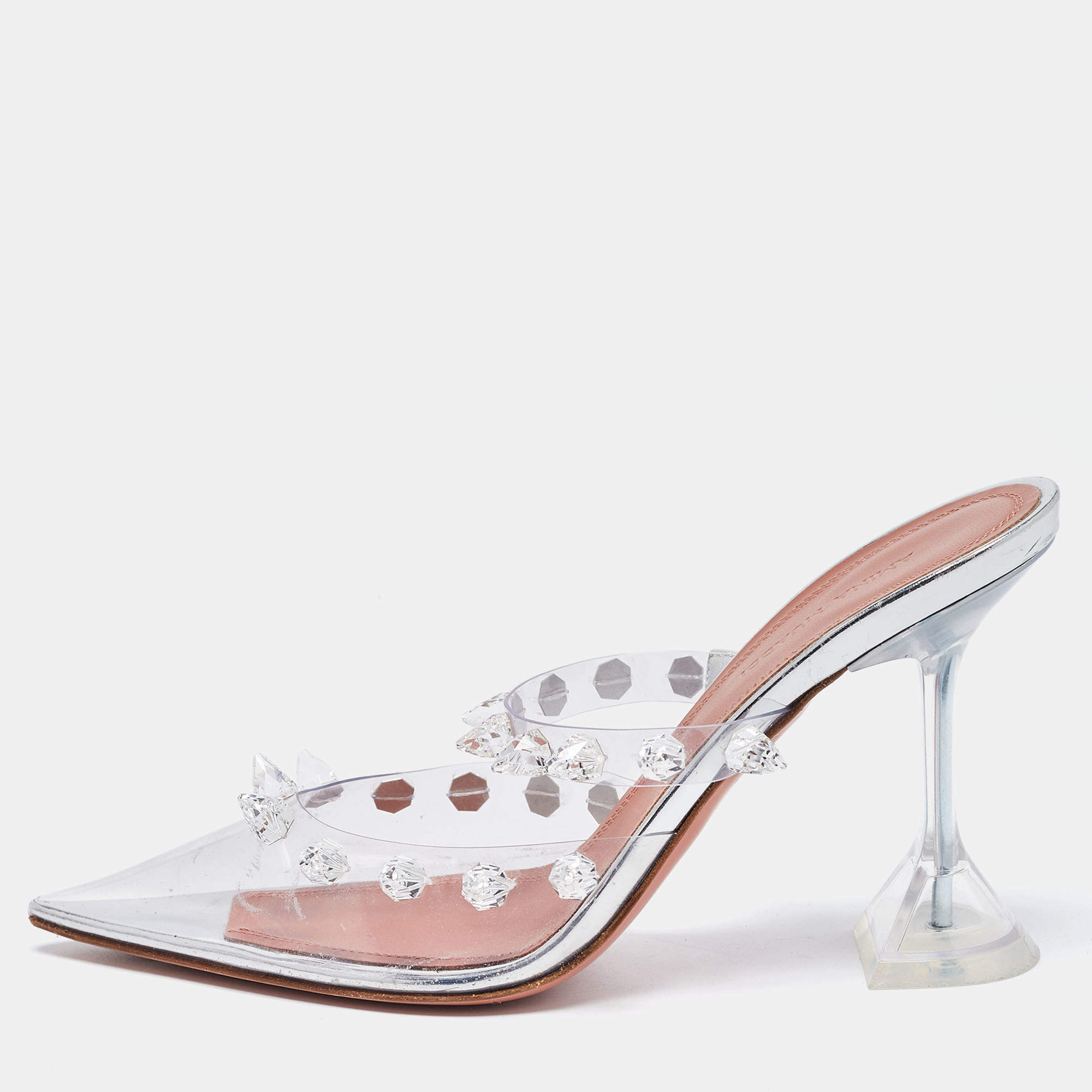 Pre Owned Amina Muaddi Transparent PVC Crystal Embellished Julia Mules Size 37
